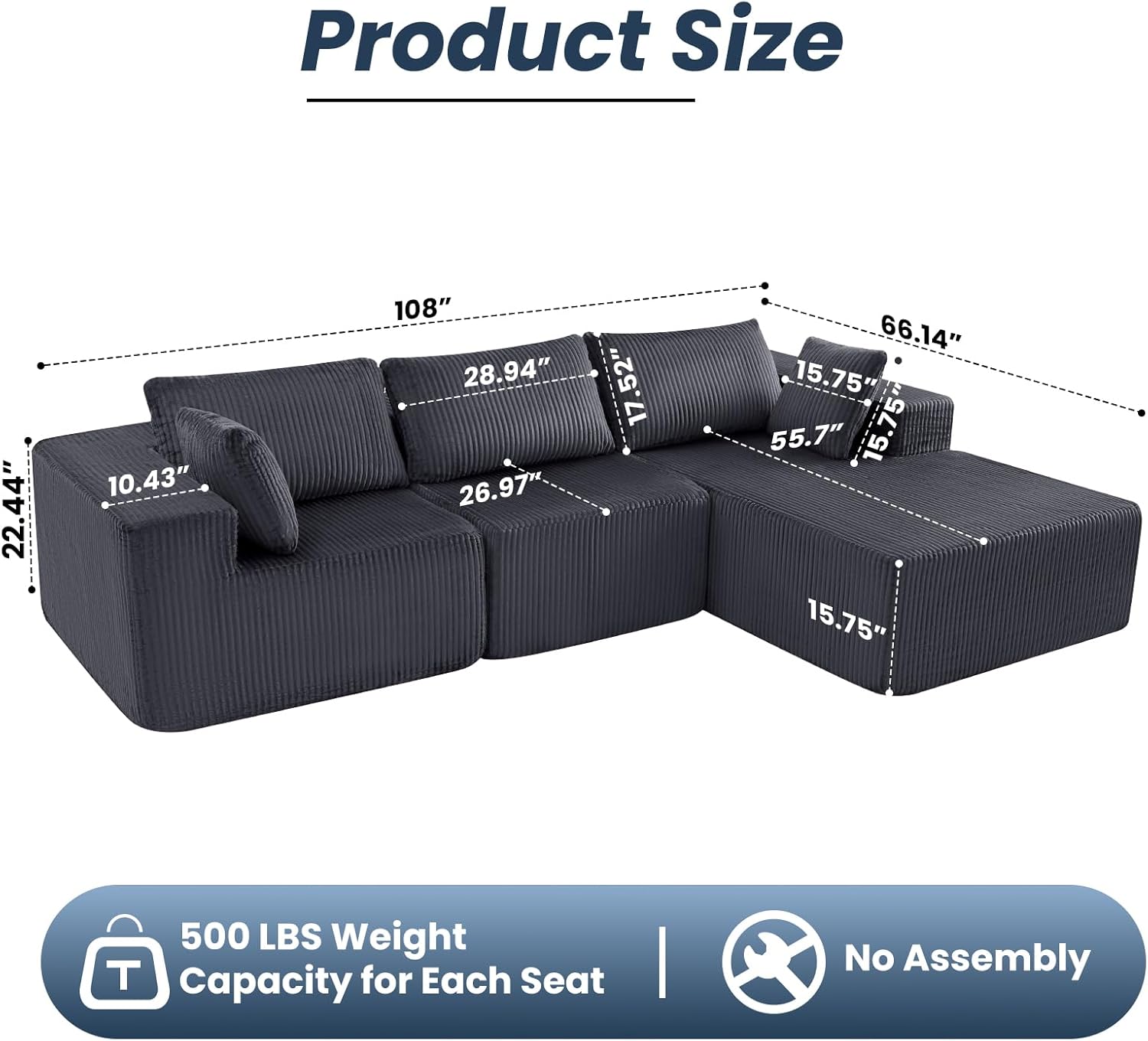 DUMOS 108” Modular Sectional Sofa, Cloud Sectional Couch with Deep Seat, Modern Modular L-Shape Sofa Couch with Chaise,Upholstered Boneless Couches for Living Room Bedroom (Grey,Right Facing Chaise)