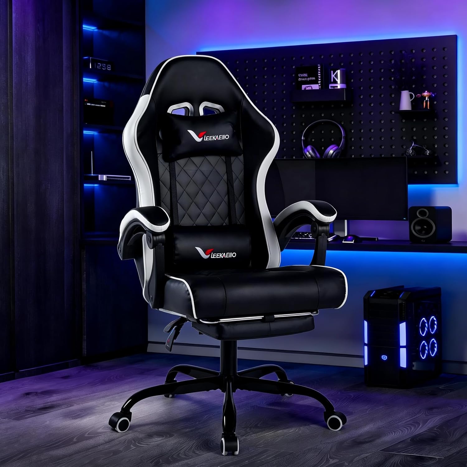Gaming Chair for Adults, Computer Chair with Footrest and Pocket Spring Cushion,Comfortable Ergonomic Video Game Chair with Lumbar Support and Headrest for Office Home (White)