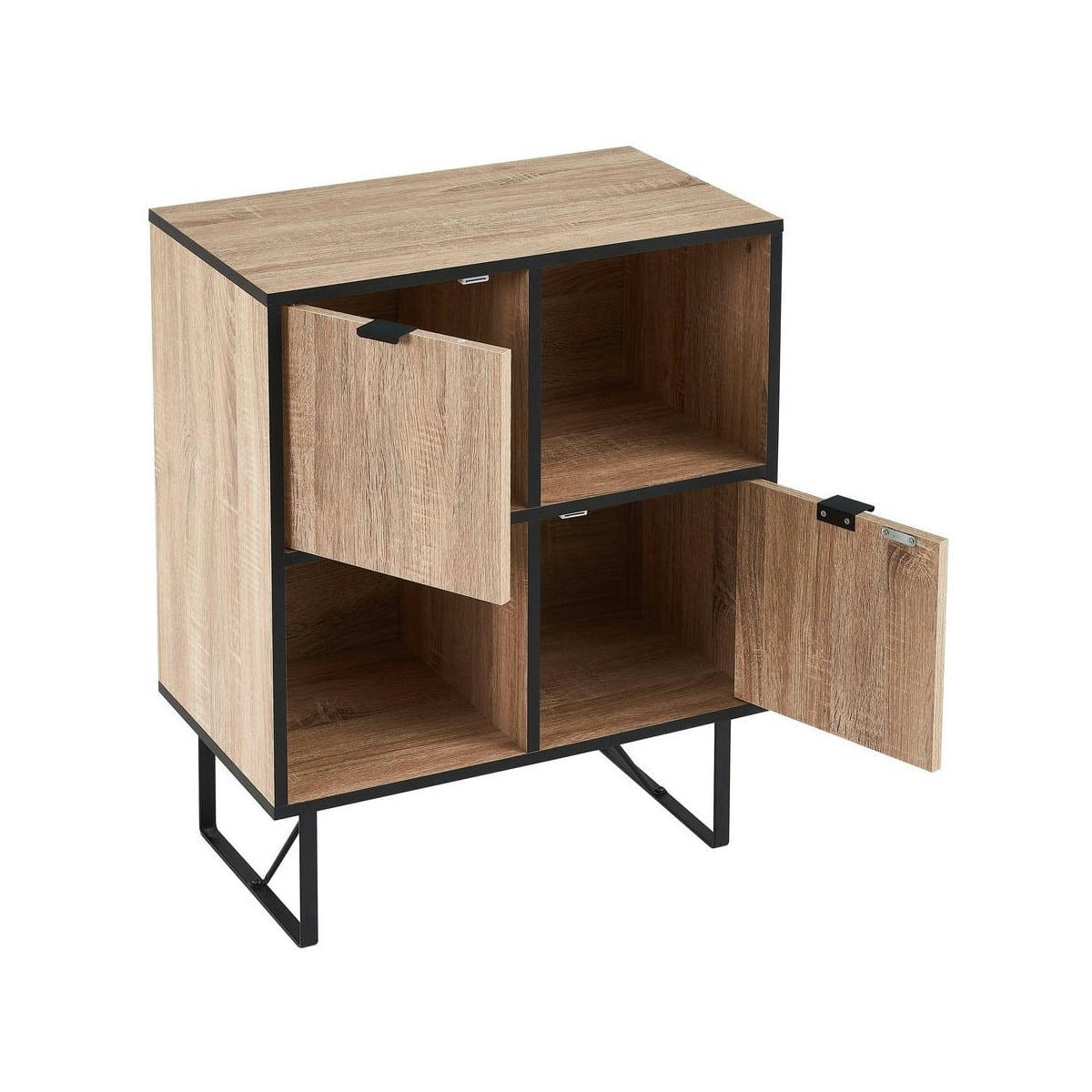 - Commode 4 casiers 2 portes bois et métal noir - 60x35x78cm