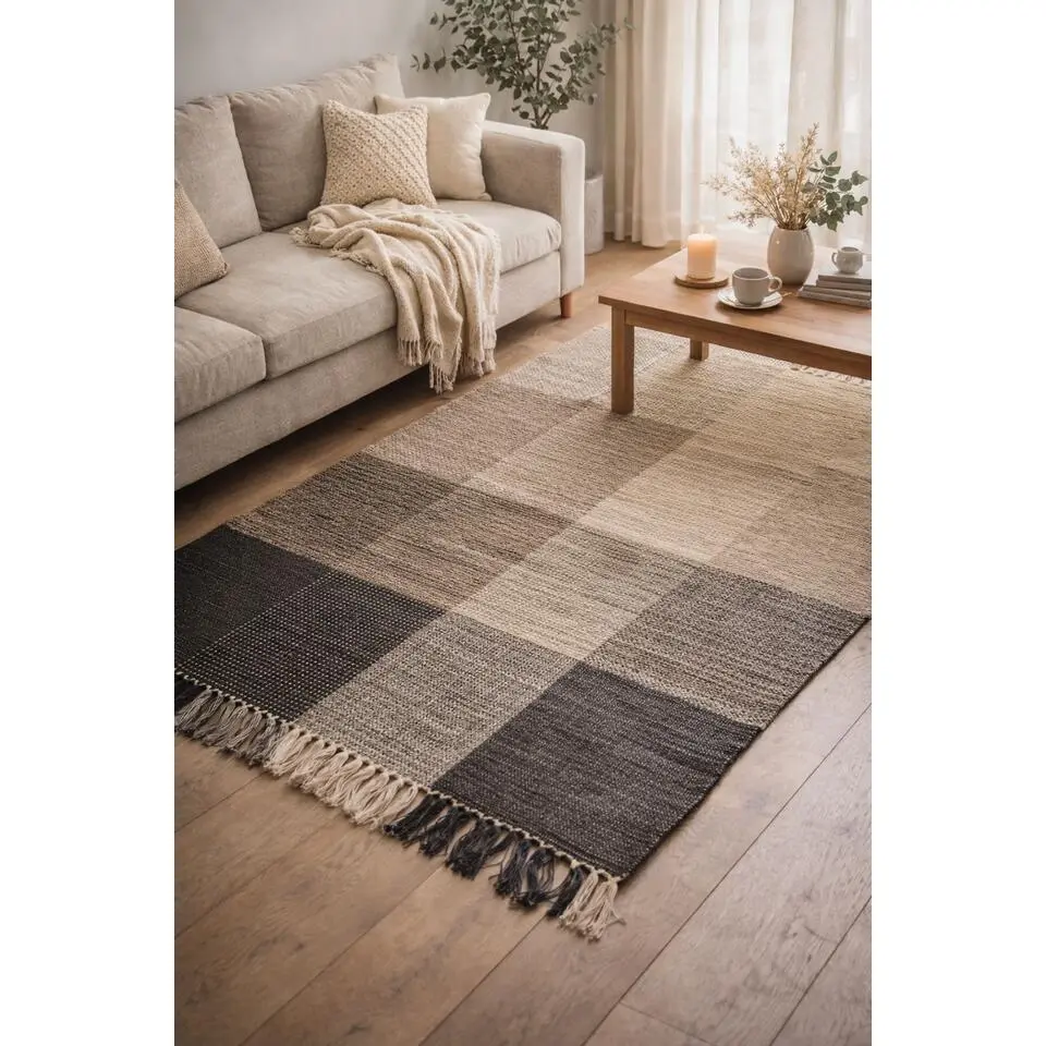 Rechthoekig katoenen tapijt met beige en zwarte motieven 120 x 180 cm