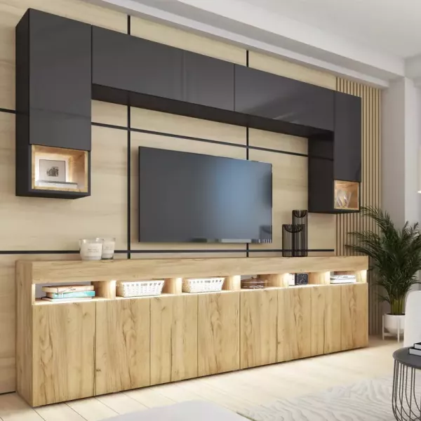 Nowoczesna meblościanka do salonu PREMIUM czarny/dąb craft złoty