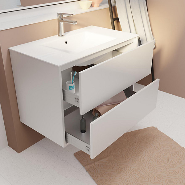 Pack Meuble Salle de Bains 80 cm Laqué Blanc, 2 tiroirs avec Vasque Céramique - XENOS