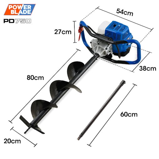 NNEMB PD750 52cc 2-Stroke Petrol Post Hole Digger, 200mm Auger w/ 600mm Extension Shaft