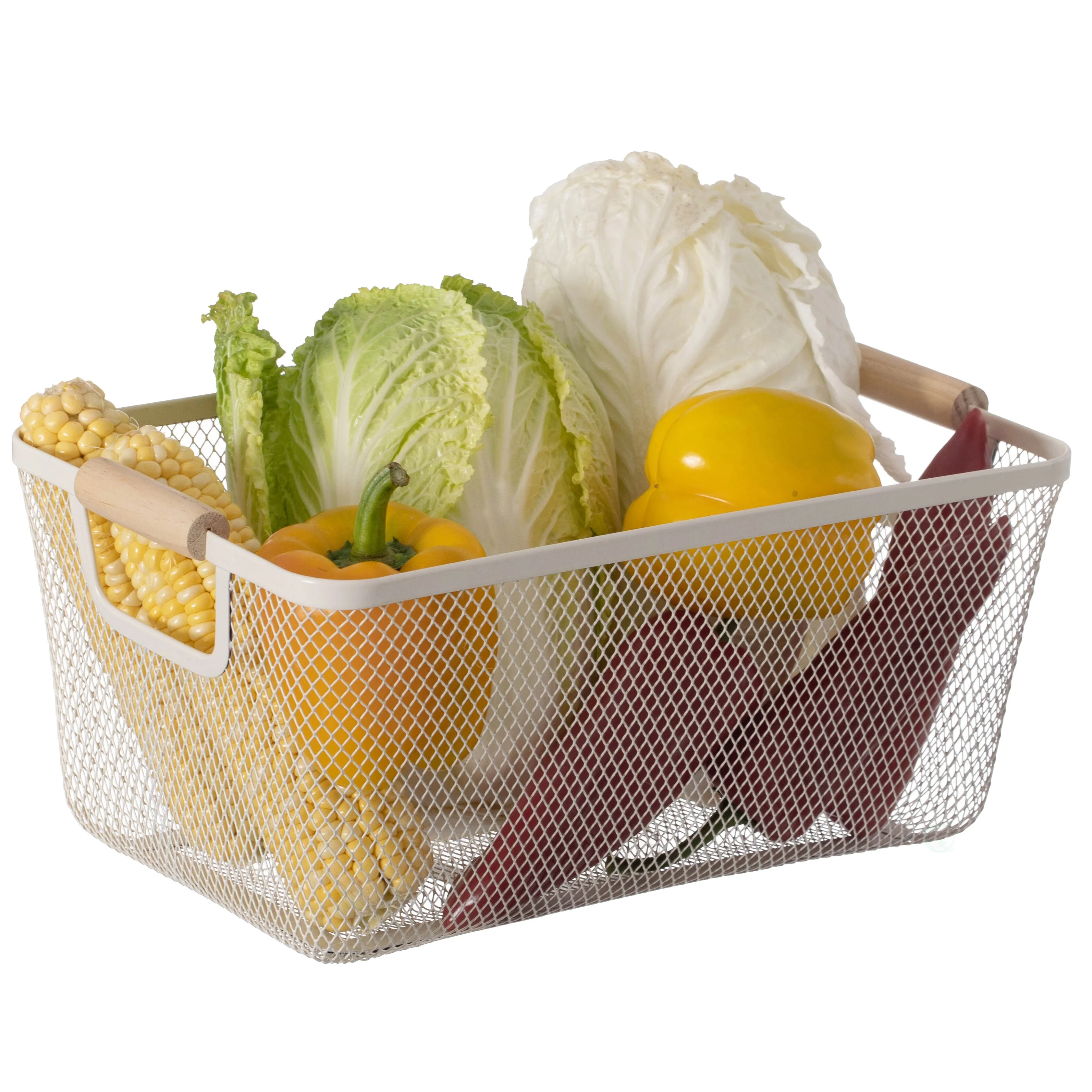 Basicwise Multipurpose Metal Mesh Basket with Wooden Handle Storage Organizers for Kitchen, Bathroom, Cabinet, and Closet