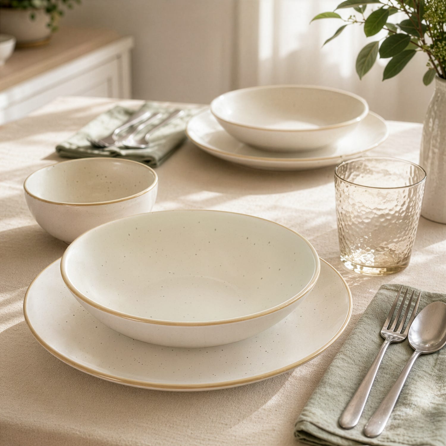 Servizio 18 piatti ceramica beige bordo dorato