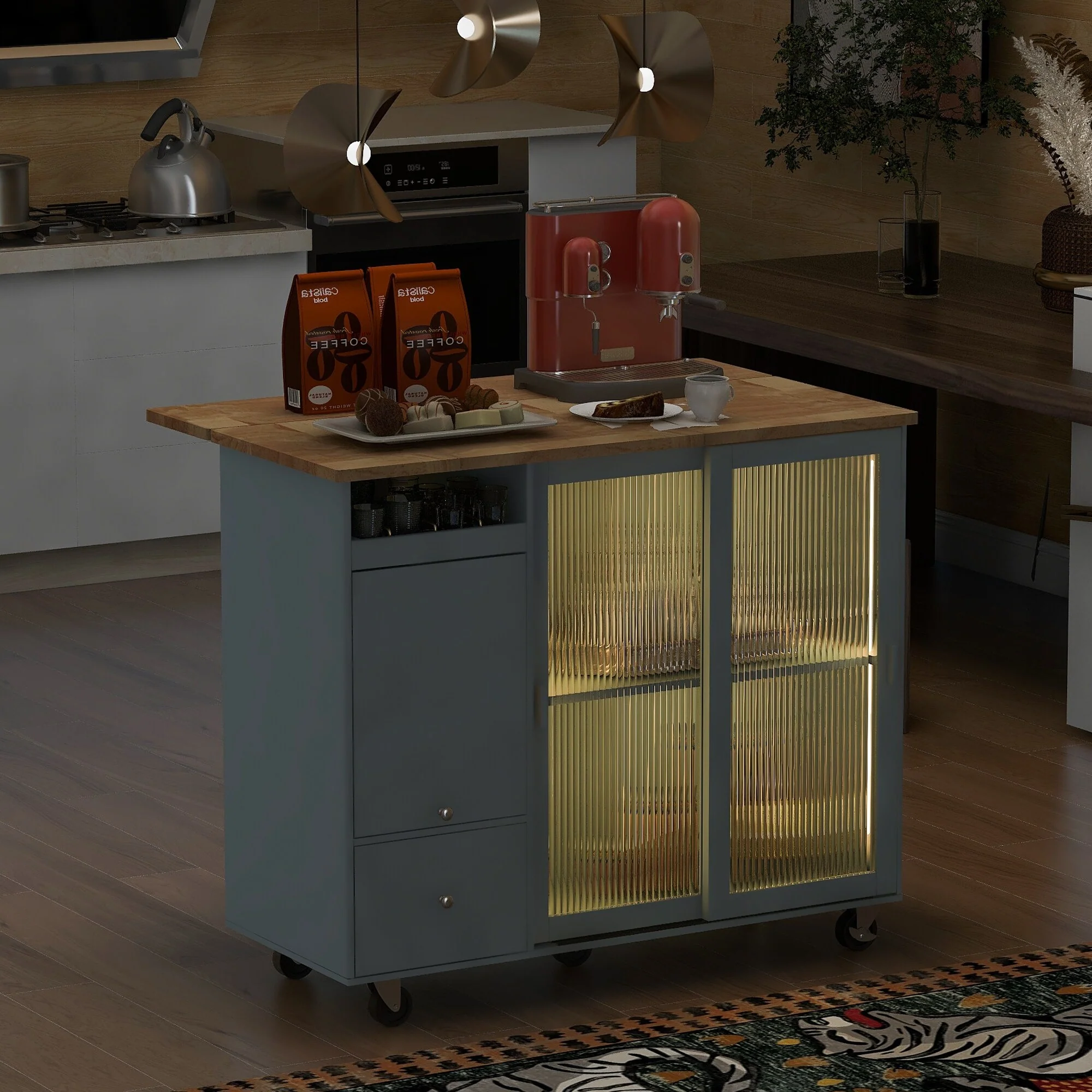 LED Kitchen Island Cart with Drop Leaf, Adjustable Shelf & 2 Drawers, Portable Islands on Wheels w/2 Fluted Glass Doors&Cabinet