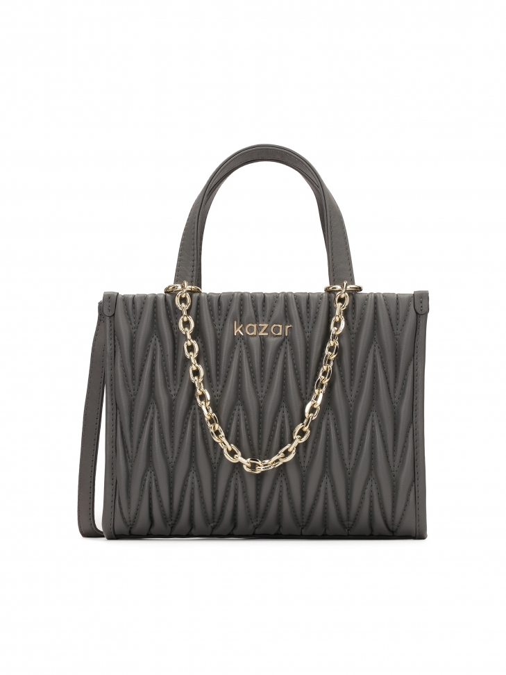 Grey handbag with quilted front and chain
