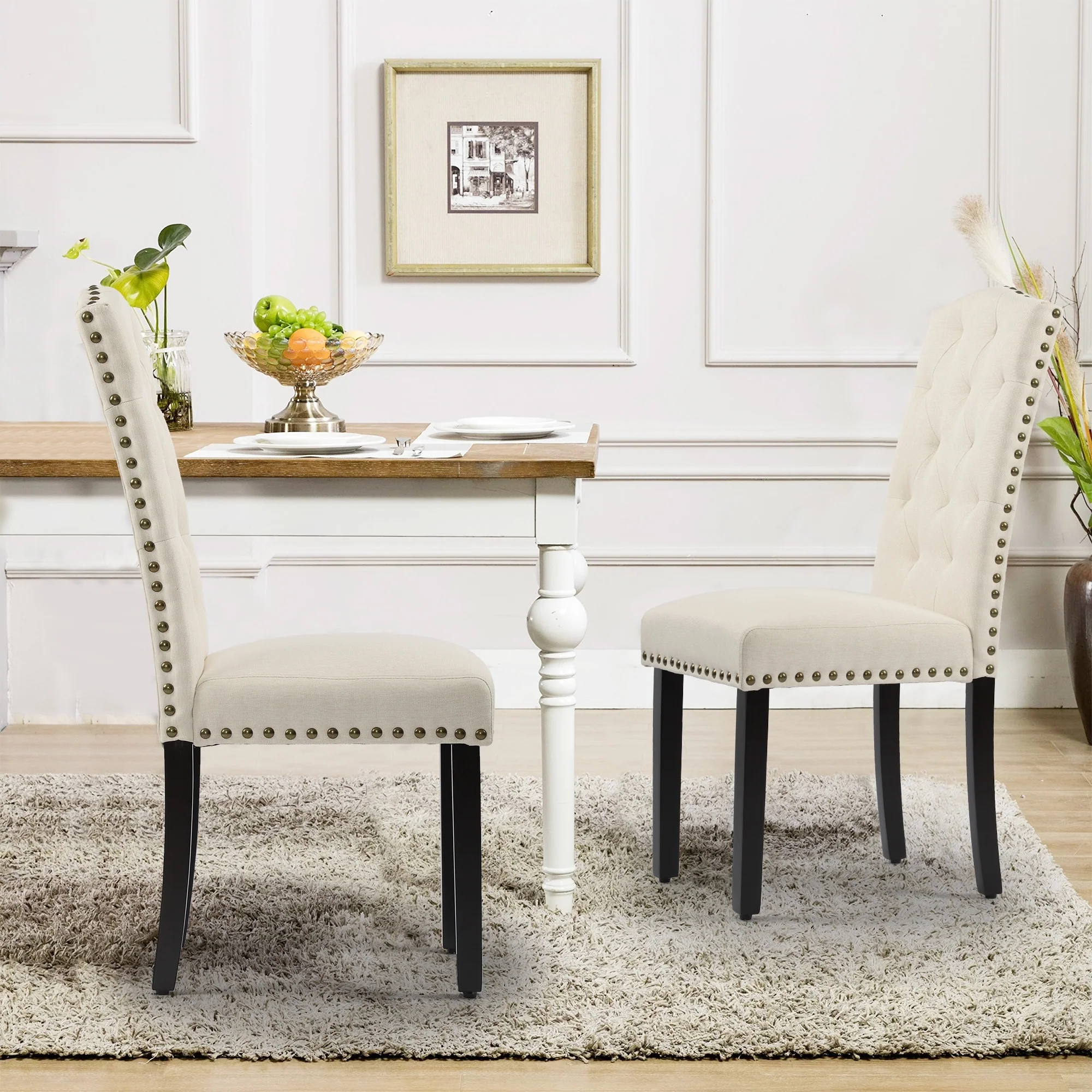 Solid Wood Tufted Dining Chairs, Kitchen Dining Room Chairs with Bronze Nailhead Trim Set of 2