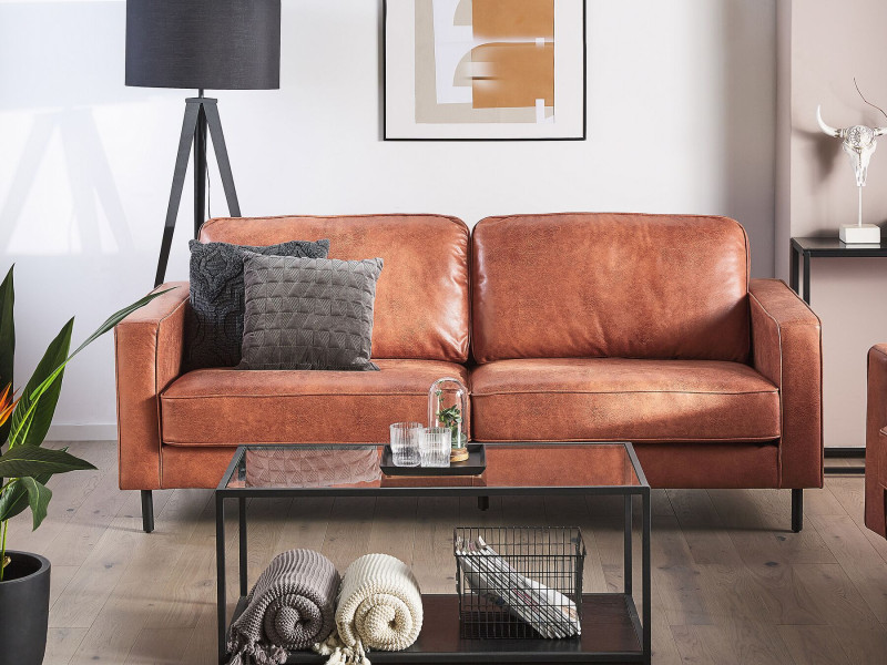 Sofa 3-osobowa brązowa retro imitacja skóry