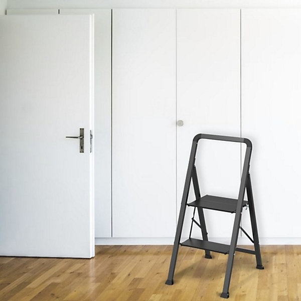 Escabeau 2 marches pliant antidérapant en AcierMax 150kg (47,5x42,5x85cm) Noir mat MSV