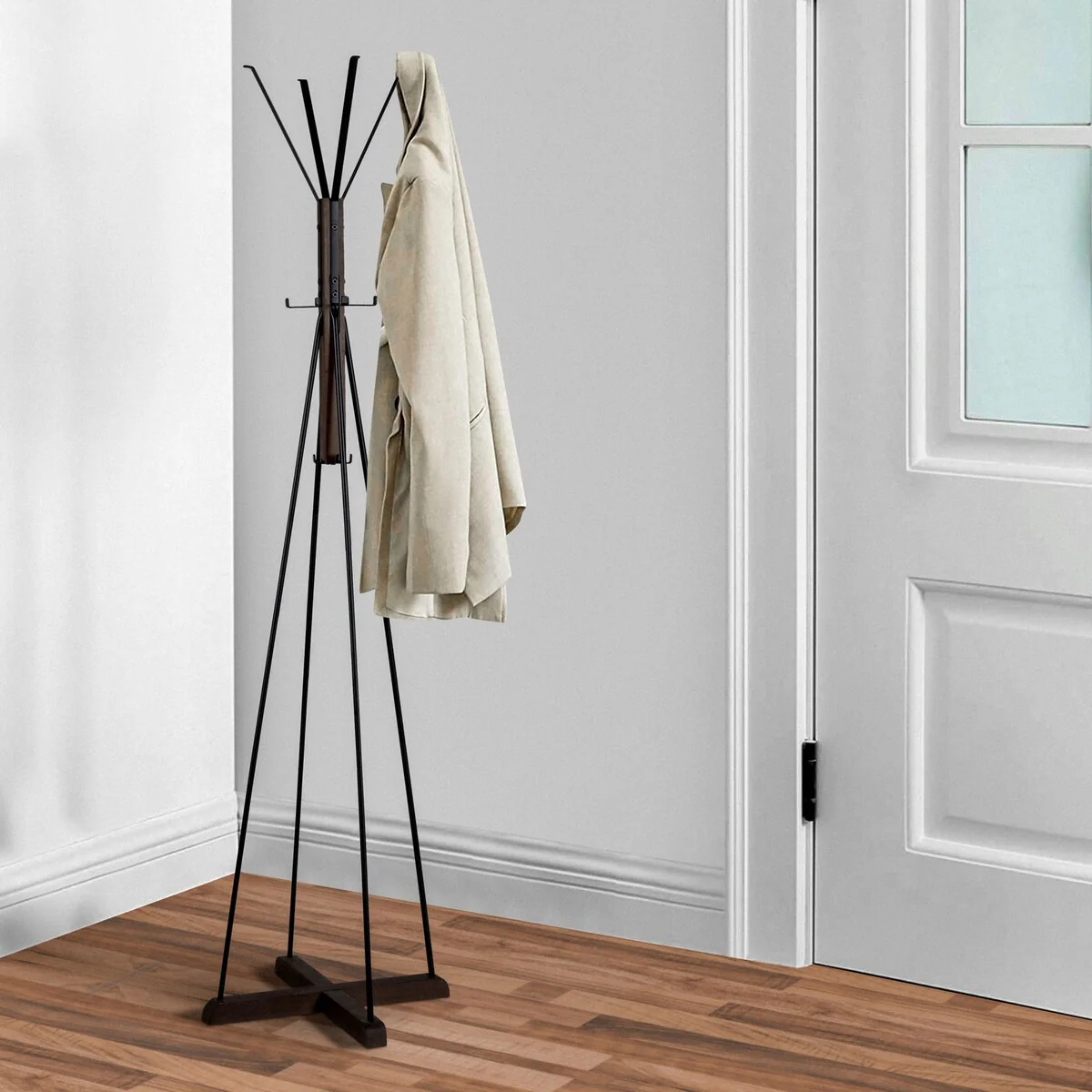 Natural Brown 71 Inch Wood and Metal Coat Rack