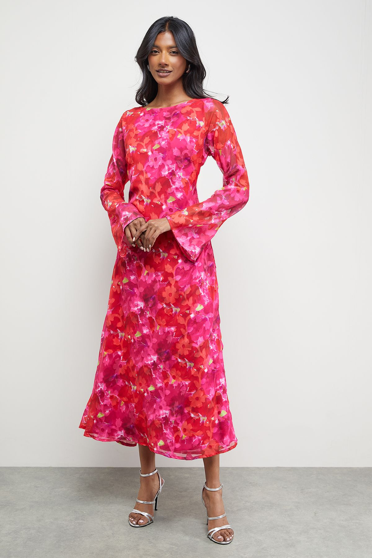 Warehouse Burnout Floral Chiffon Slash Neck Bias Midi Dress