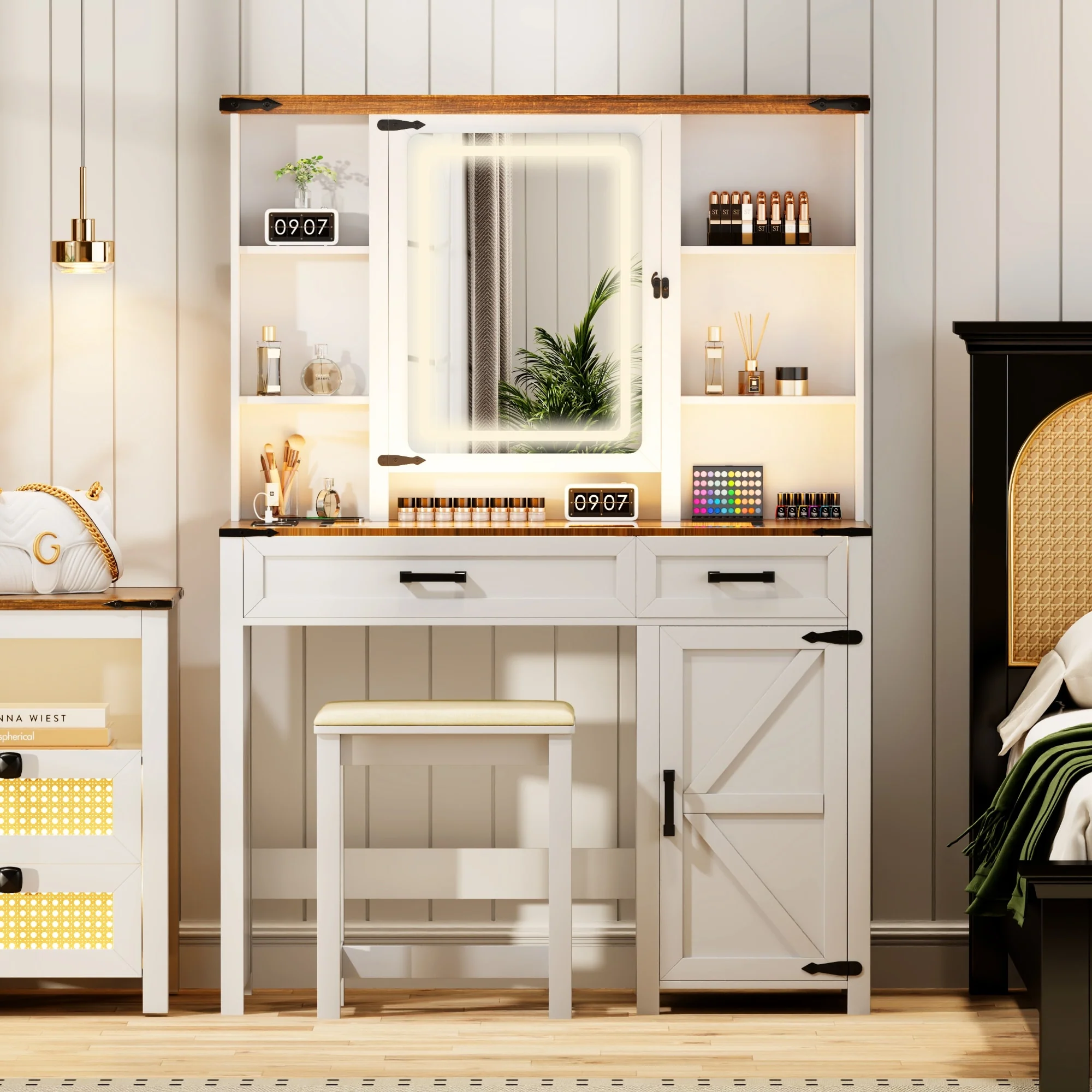 Makeup Vanity With LED Light and Jewelry Mirror Cabinet