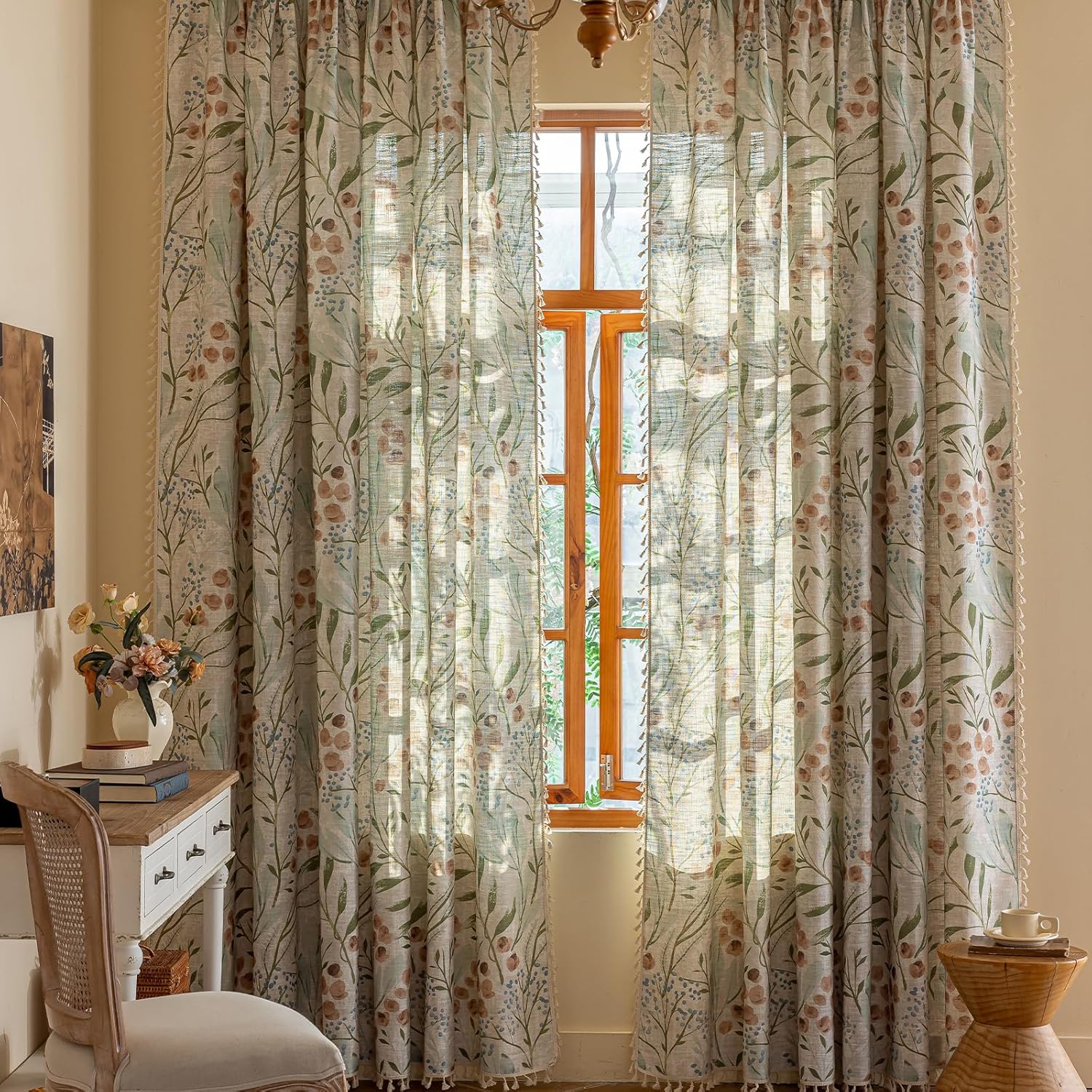ENJOYBRIDAL Floral Curtains 96 Inches Bedroom Decor Drapes Semi Sheer Rod Pocket Living Room Long Window Curtain Panels Light Filtering Boho 4 Panels Tassel Vintage Window Treatments
