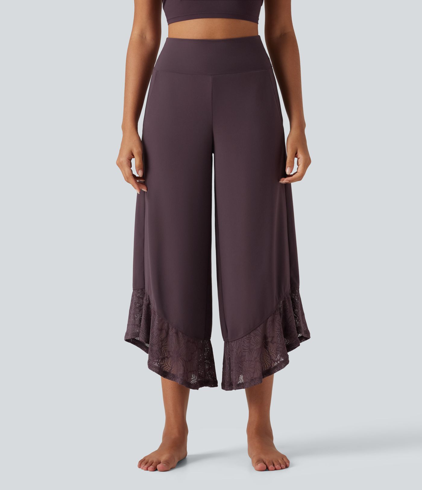 Pantalon de yoga large SoftlyZero™ taille haute avec dentelle contrastée, ourlet arrondi et poches et protection solaire UPF50