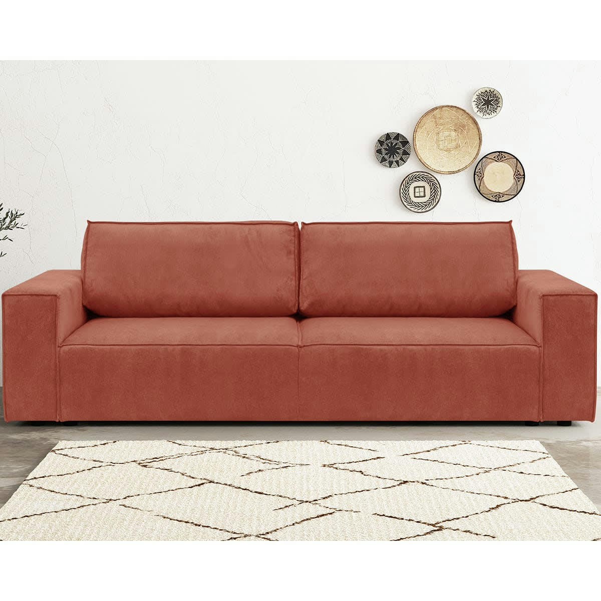 HARPER NEW - Canapé 3 places convertible + coffre en velours fines côtes terracotta