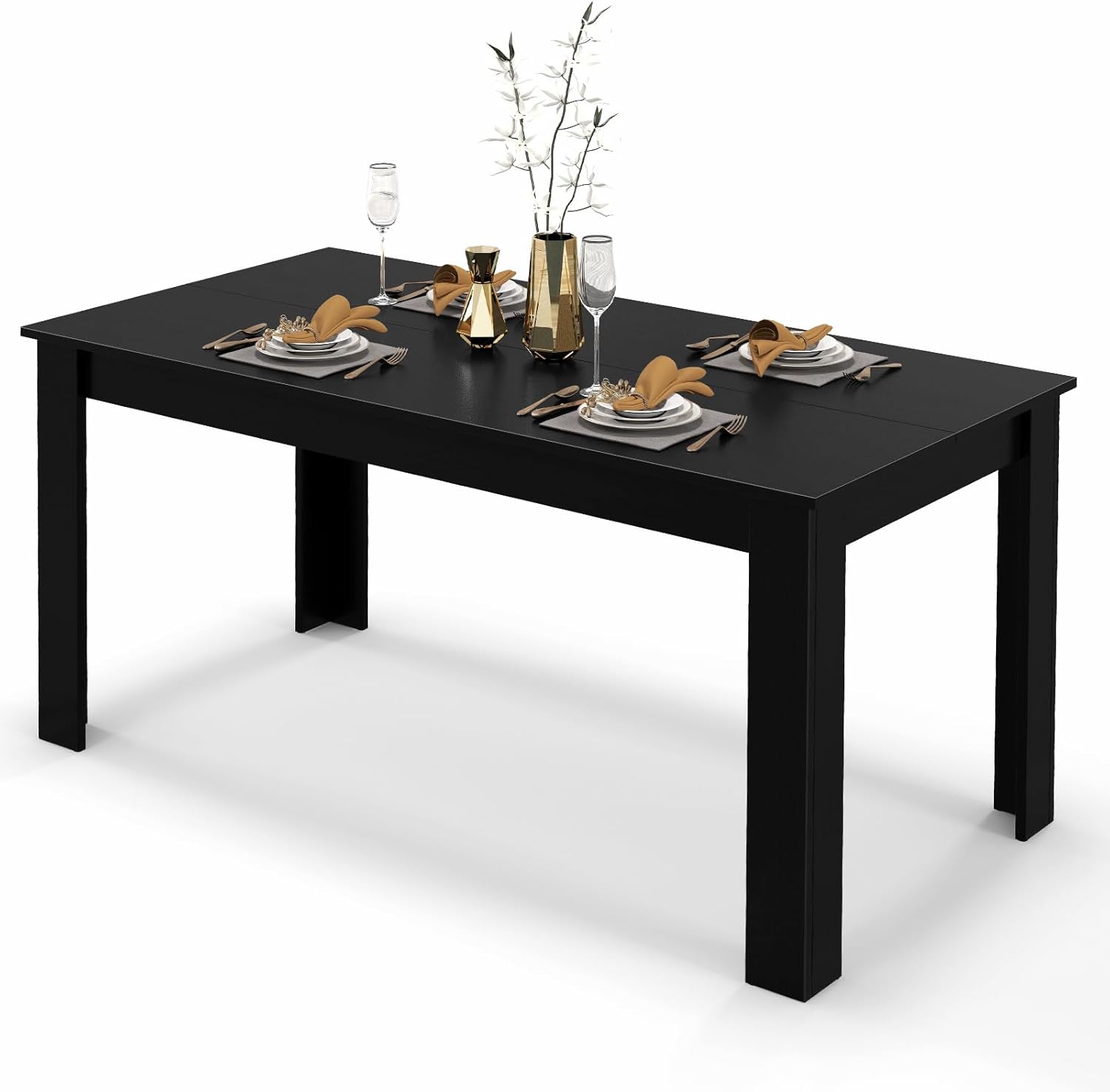 COSTWAY Rectangular Dining Table for 4-6 People, 63' Farmhouse Dinette with Large Computer Workstation, Modern Kitchen Table for Apartment, Living Room, Restaurant (Black)