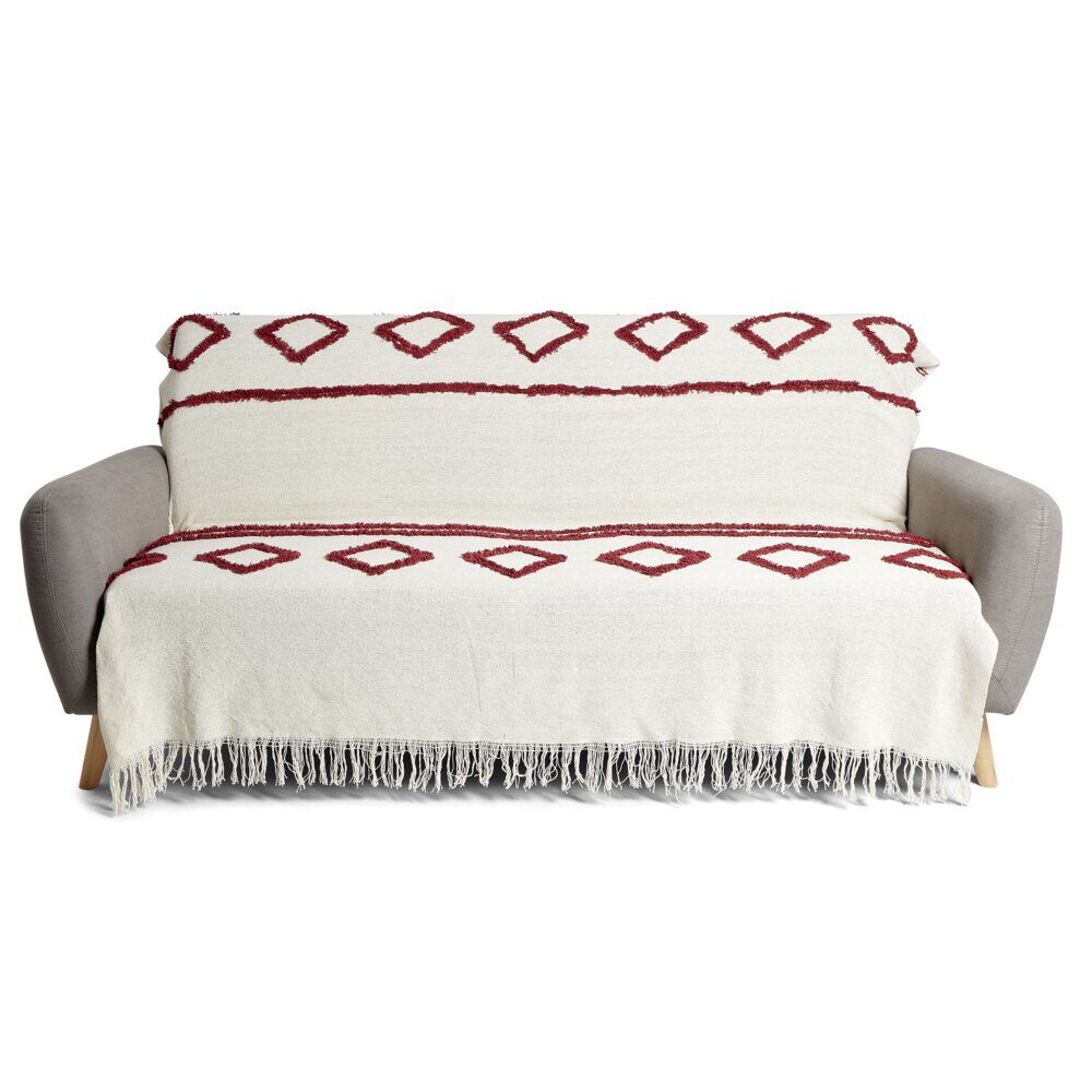 Jeté de canapé 170x250cm 100% coton tufté beige et terracotta