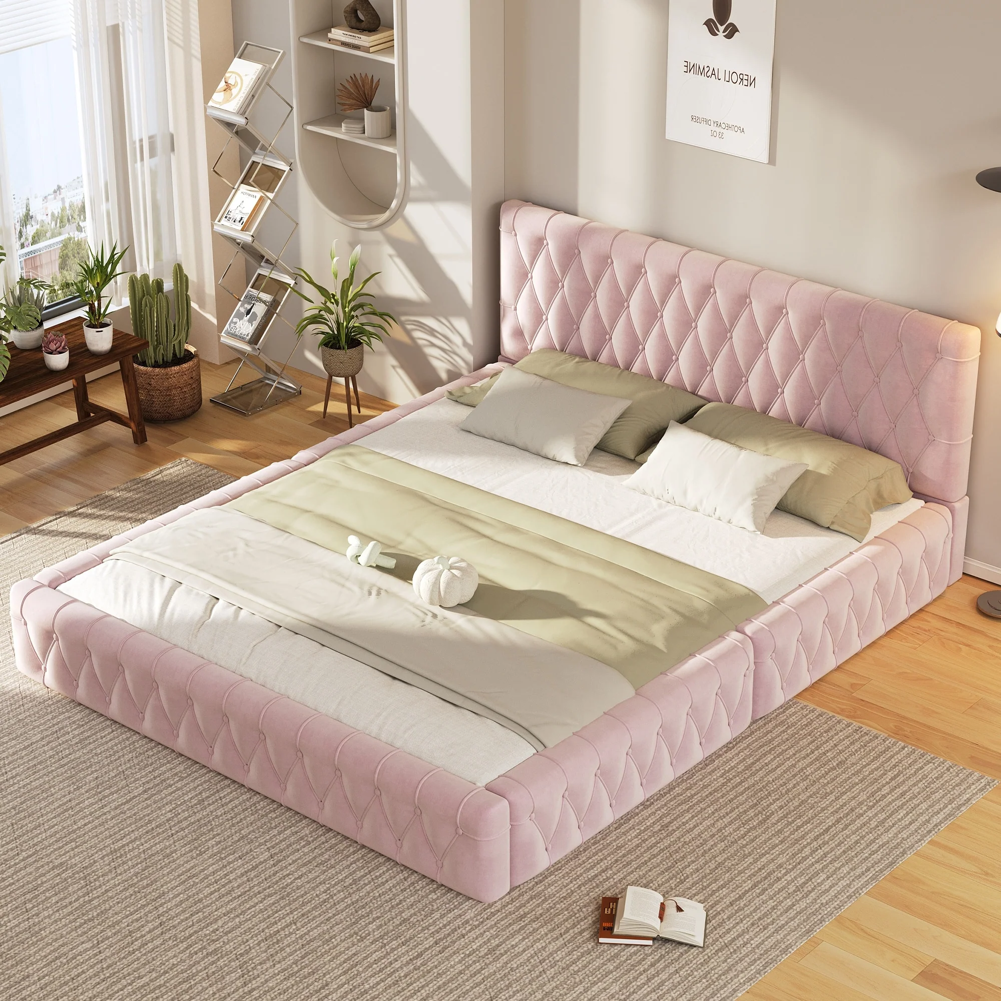 Queen Size Velvet Upholstered Platform Bed with Tufted Headboard, No Box Spring Needed