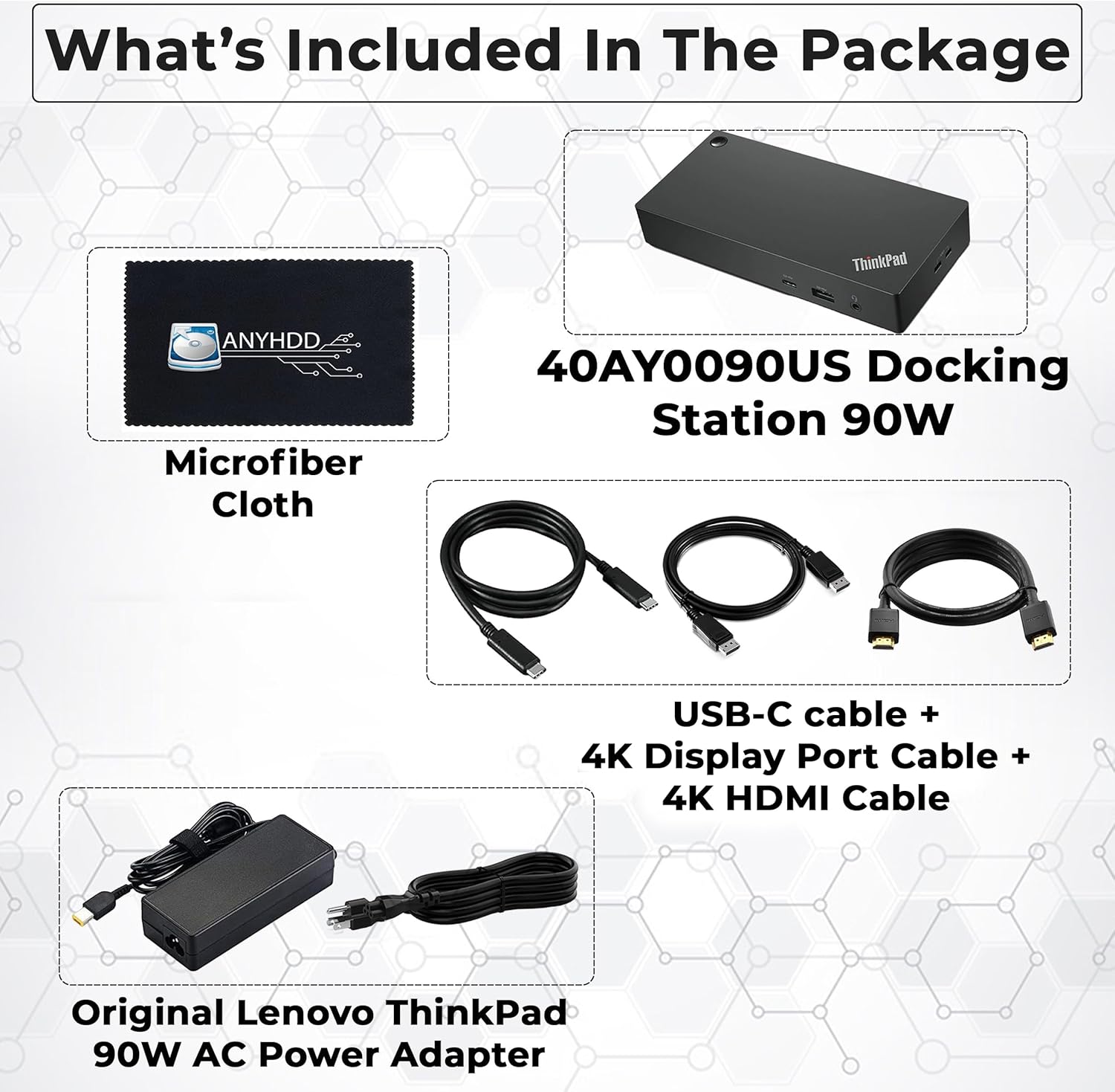 40AY0090US Lenovo Thinkpad Docking Station Dual Monitor - Supports 4K Display  Thinkpad Dock with 90W Adapter  HDMI  DisplayPort  USB C Cables & Cloth - Lenovo Docking Station