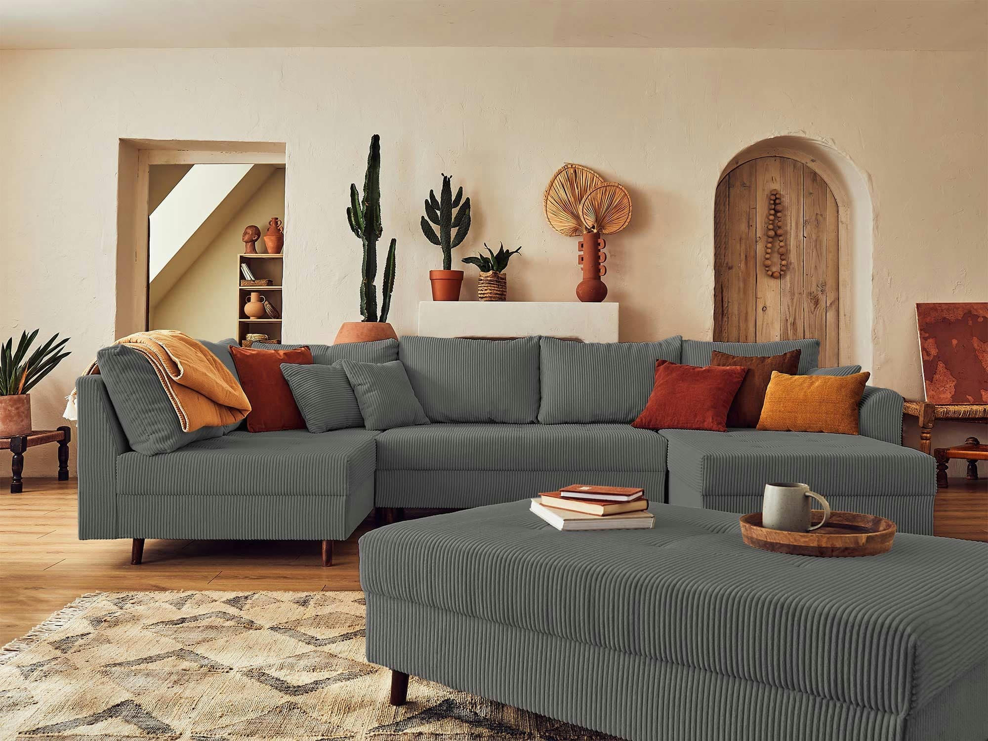 RUNE - Canapé d'angle gauche convertible 7 places en velours côtelé gris