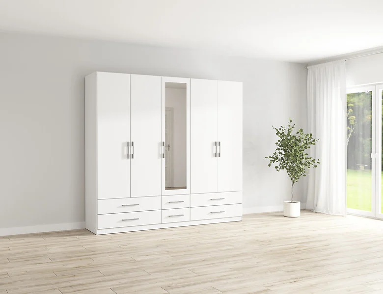 Szafa pięciodrzwiowa Herford 226 cm z lustrem i 6 szufladami biała