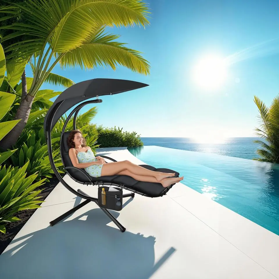 tectake Hangstoel Elaria met zonnedak en zijvak, Zwart