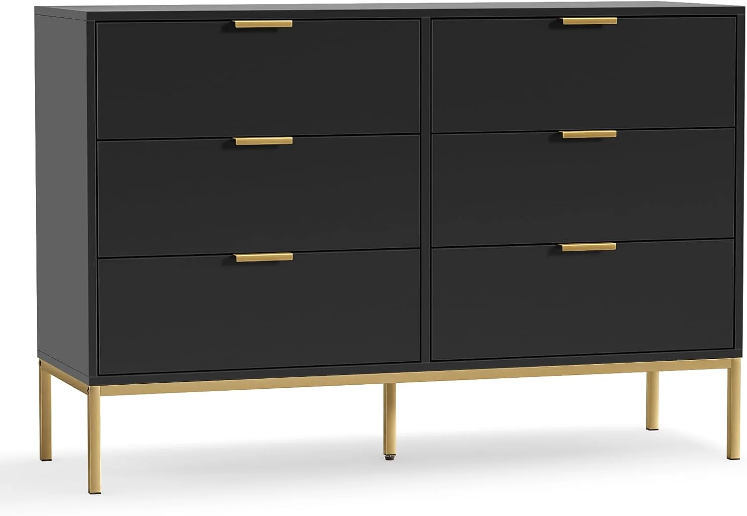 Black Dresser for Bedroom, Modern 6 Drawer Dresser, Chest of Drawers Closet Organizers and Wood Storage Clothes, White Dresser with Golden Handles for Living Room, Hallway