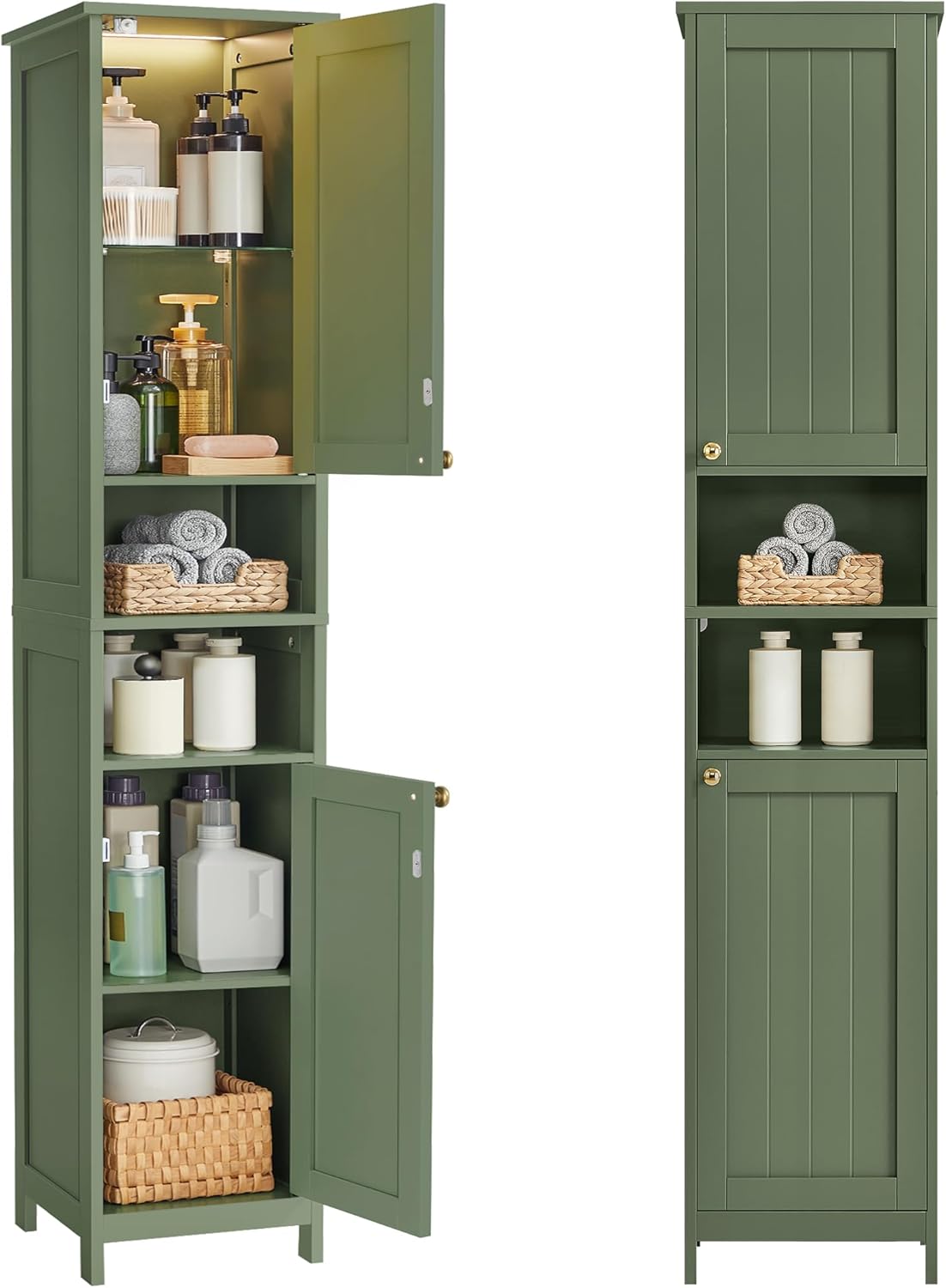 VASAGLE Tall Bathroom Cabinet with Lights, Slim Freestanding Bathroom Storage Cabinet with Adjustable Shelves, for Small Spaces, Modern, 15.7 Inches Wide, Forest Green UBBC766C01