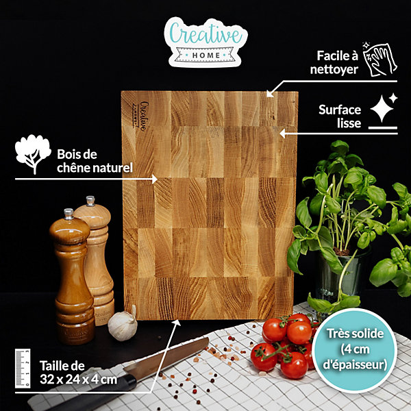 Creative Home Grande Planche a Decouper Bois 32 x 24 x 4 cm - Grand Bloc de Bouchers Professionnels - Chêne Naturel - Double Face