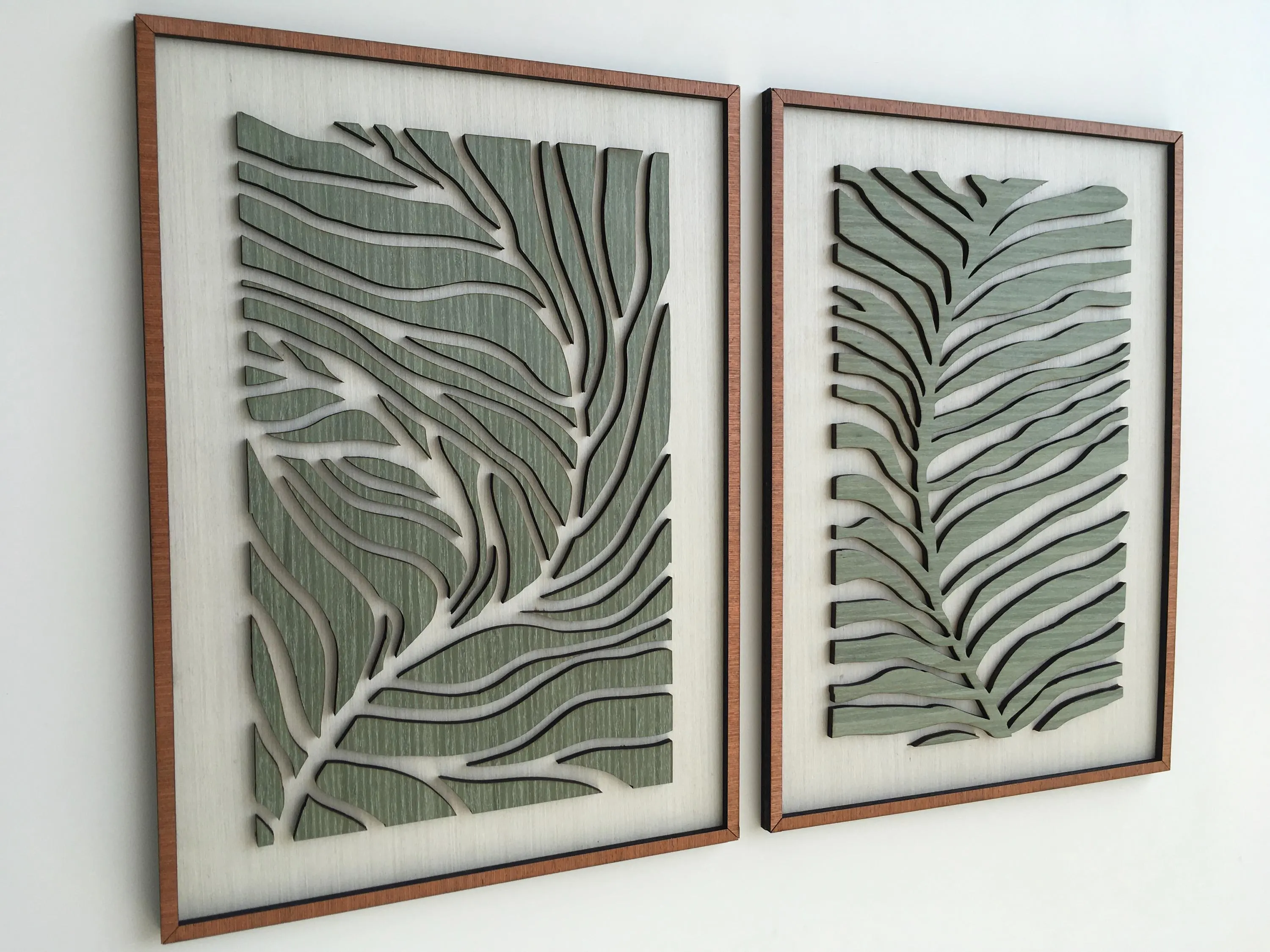 Green Botanical Wood Art - Set of Two Abstract Leaf Wall Decor - Modern Living Room Nature Art - Minimalist Modern Greenery Decor (Set of 2)