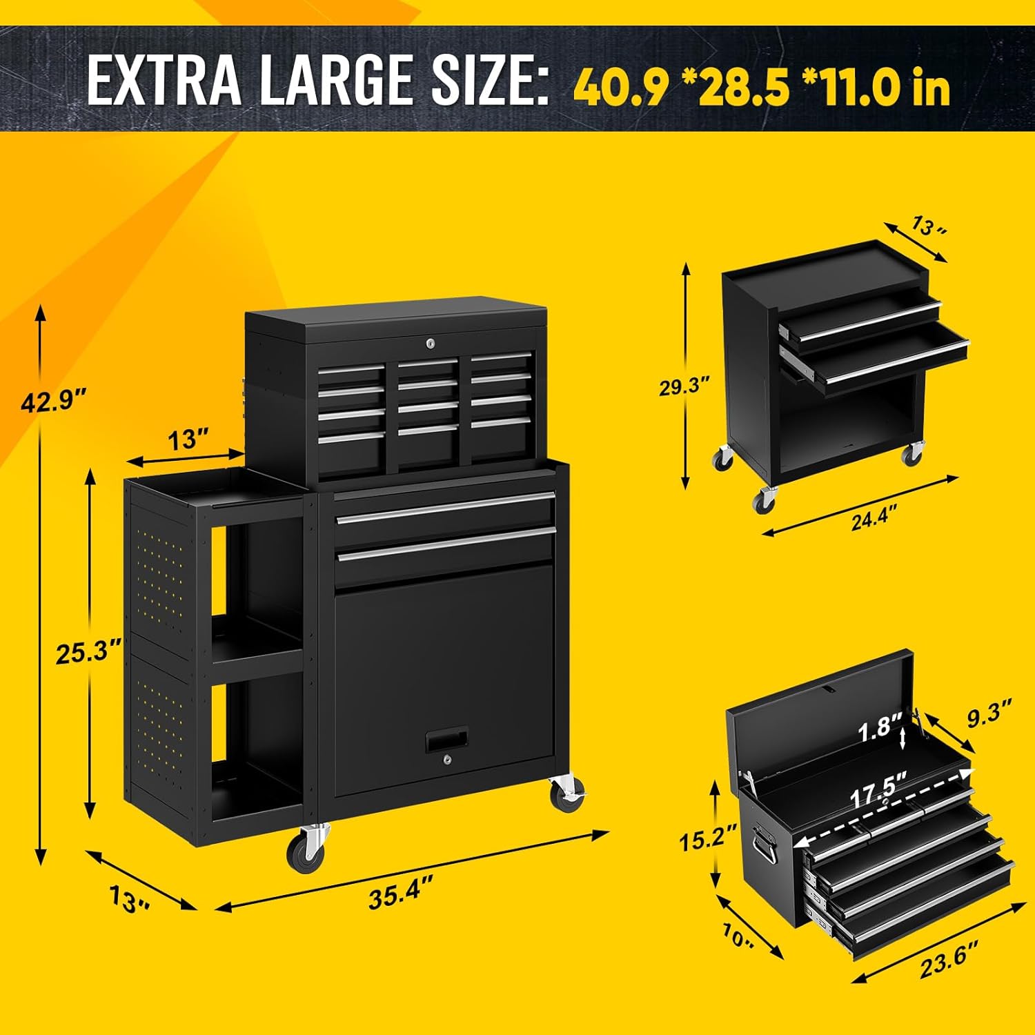8-Drawers Rolling Tool Chest with Wheels, 3-in-1 Exclusive Tool Box Combo with Removable 4-Tire Utility Cart, 30% Extra Storage Rolling Tool Cabinet for Garage Workshop, 35”W x 13”D x 43”H-2026