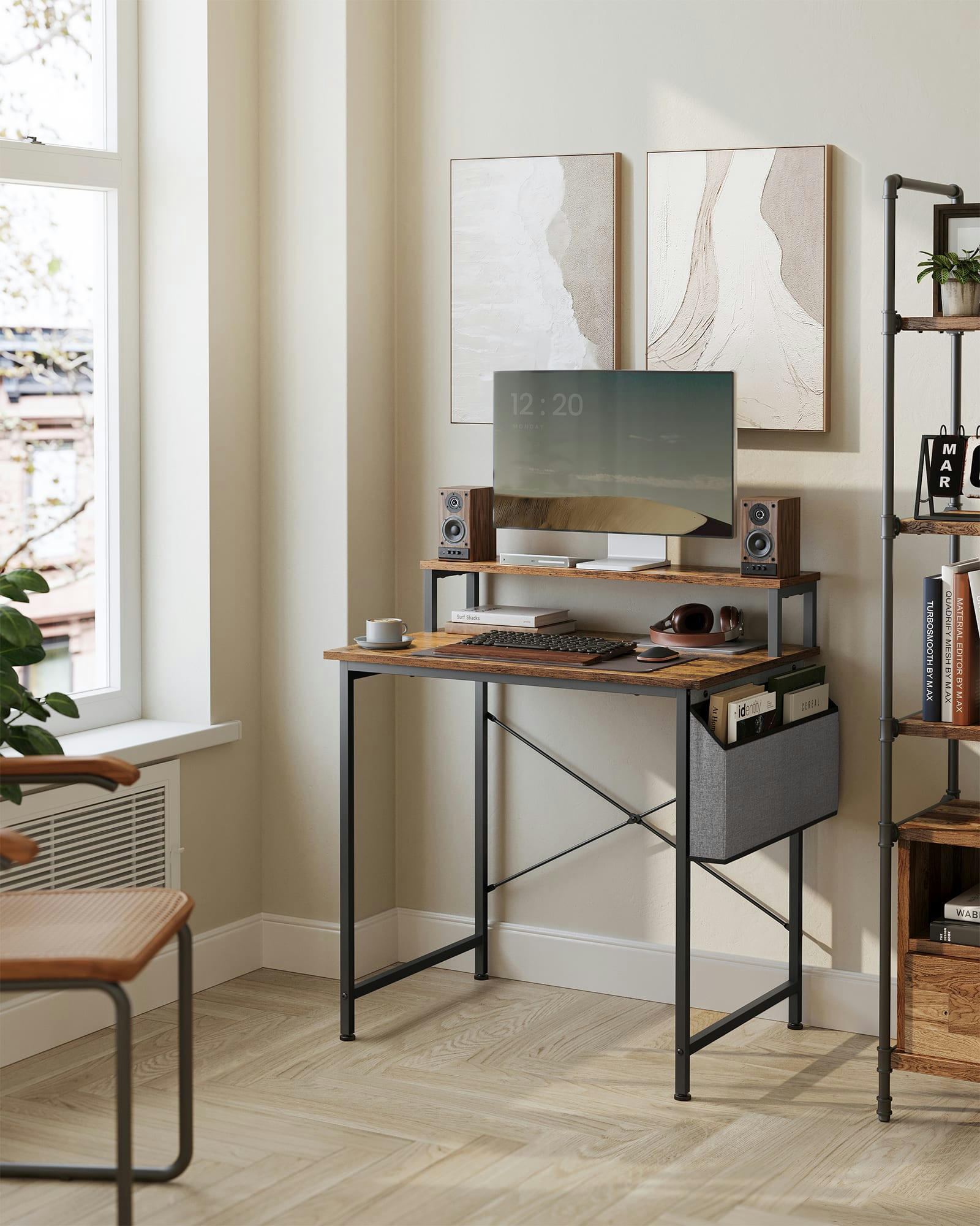 - Bureau 80 cm avec étagère pochette effet bois marron rustique