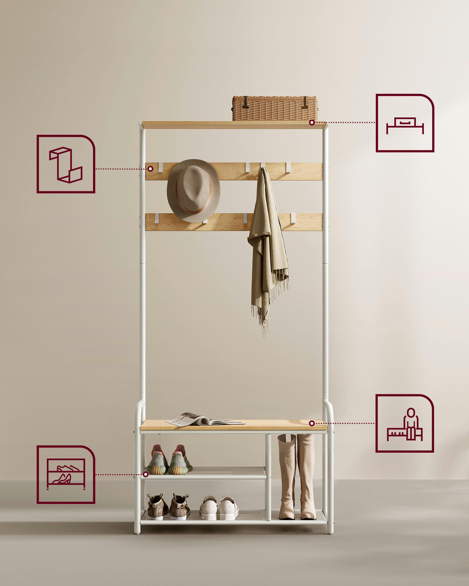 - Meuble d’entrée avec 9 crochets amovibles chêne et blanc