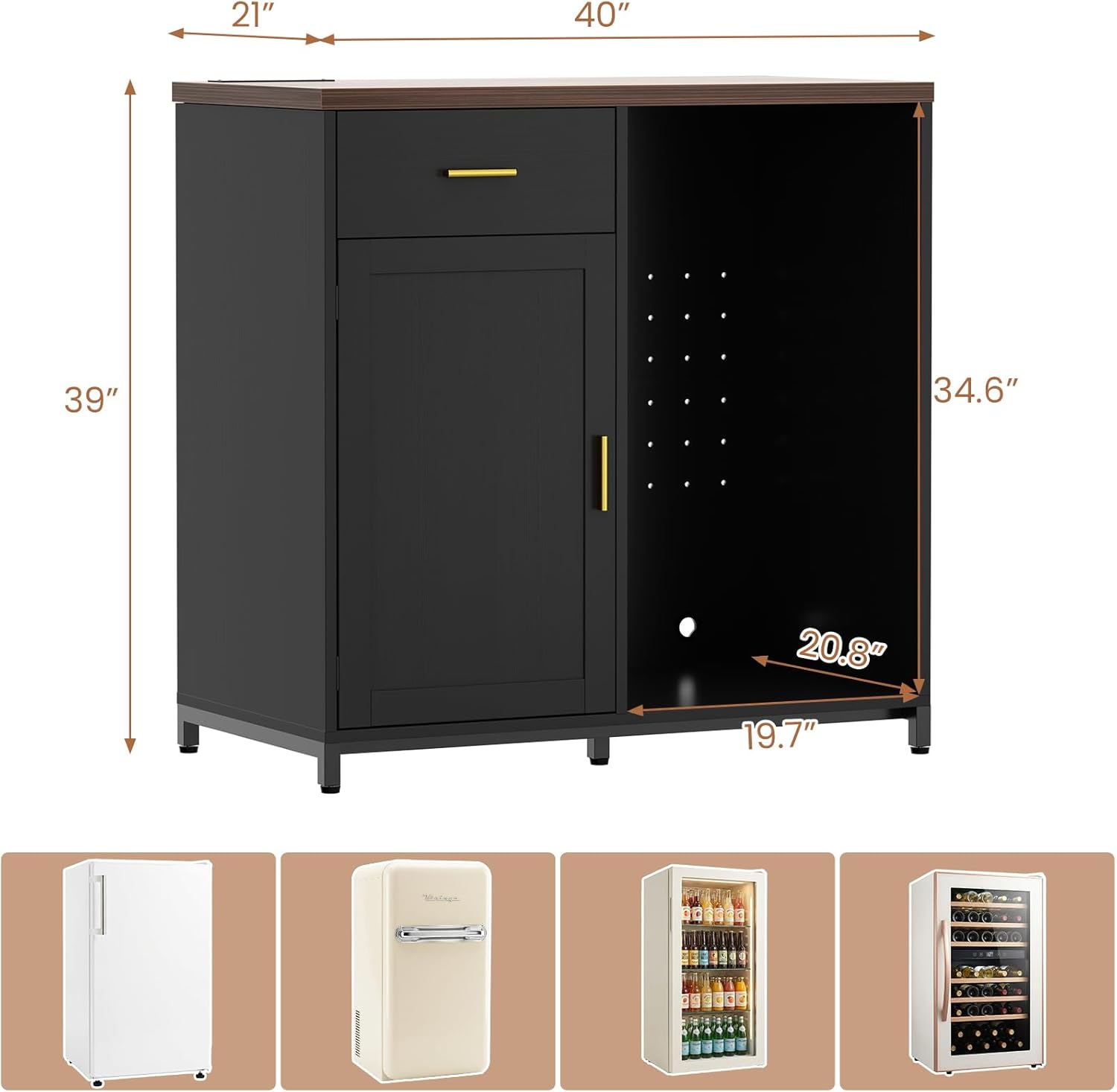 Unikito Coffee Bar Cabinet with Mini Fridge Space, Mini Fridge Cabinet Stand with Power Outlet, Liquor Wine Cabinets with Drawer Storage and Wine Glass Holder, Home Bar for Dining Room, Kitchen, Black