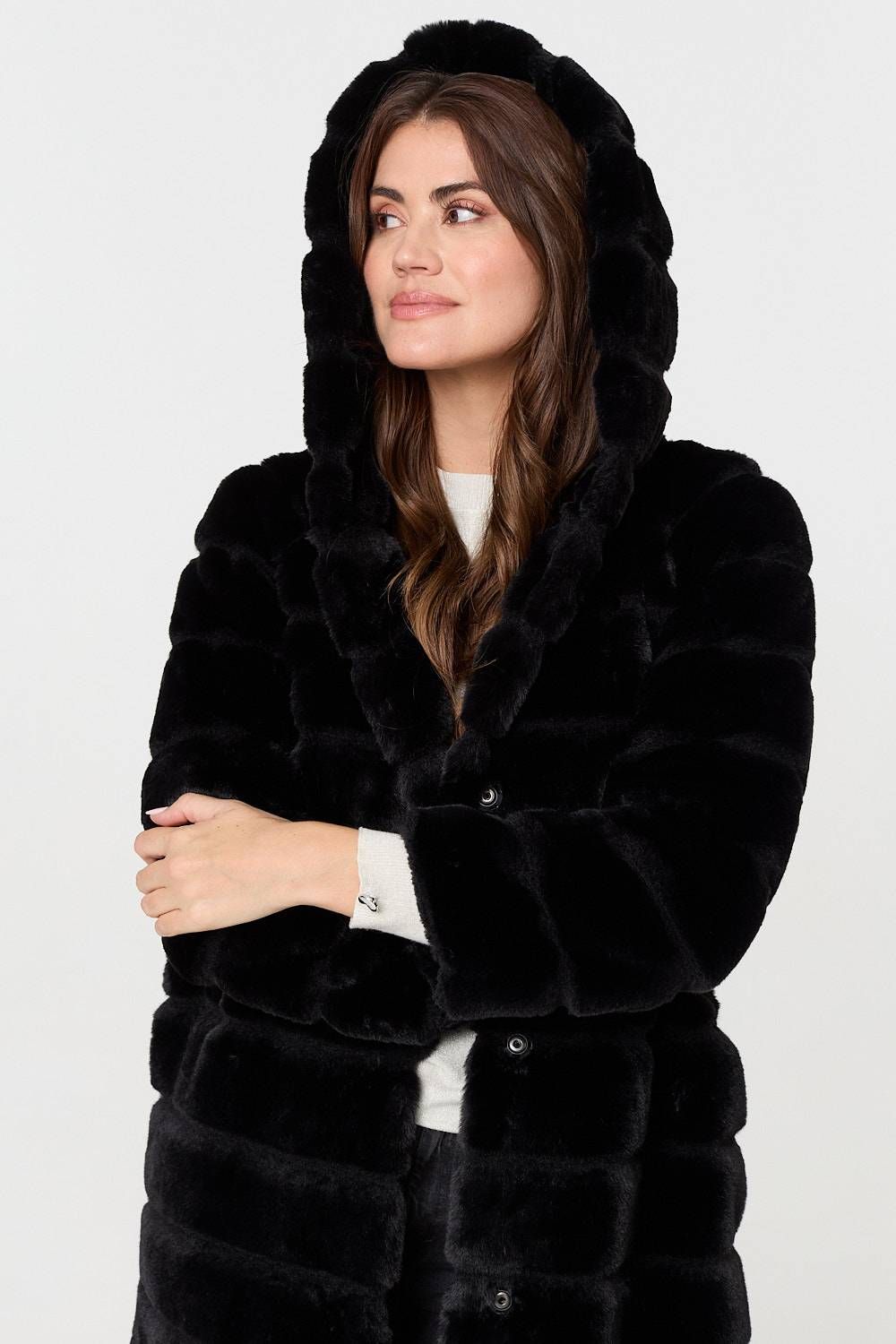 Izabel London Faux Fur Thigh Length Hooded Jacket