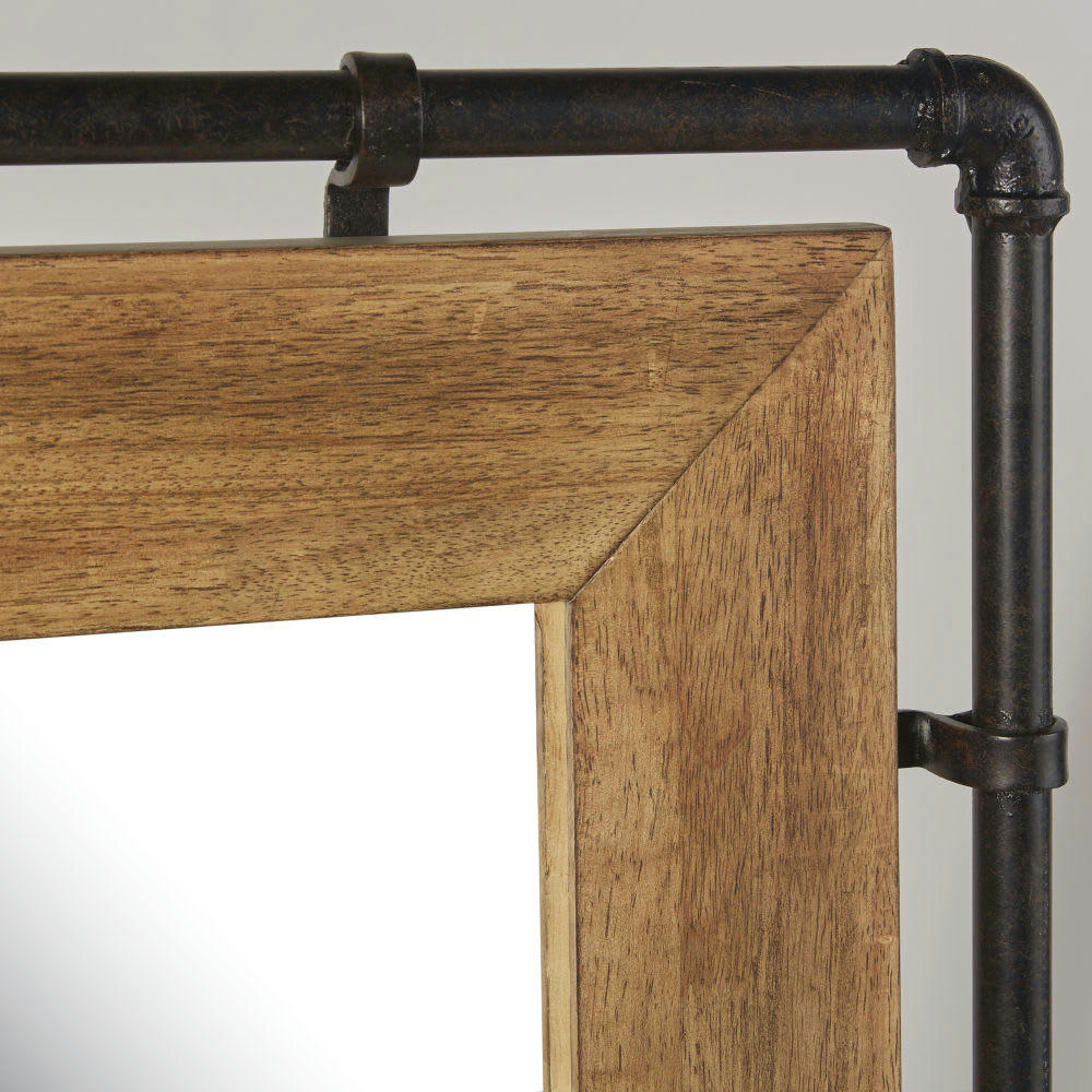 WAYNE - Miroir rectangulaire industriel en bois d'hévéa et métal noir 80x120
