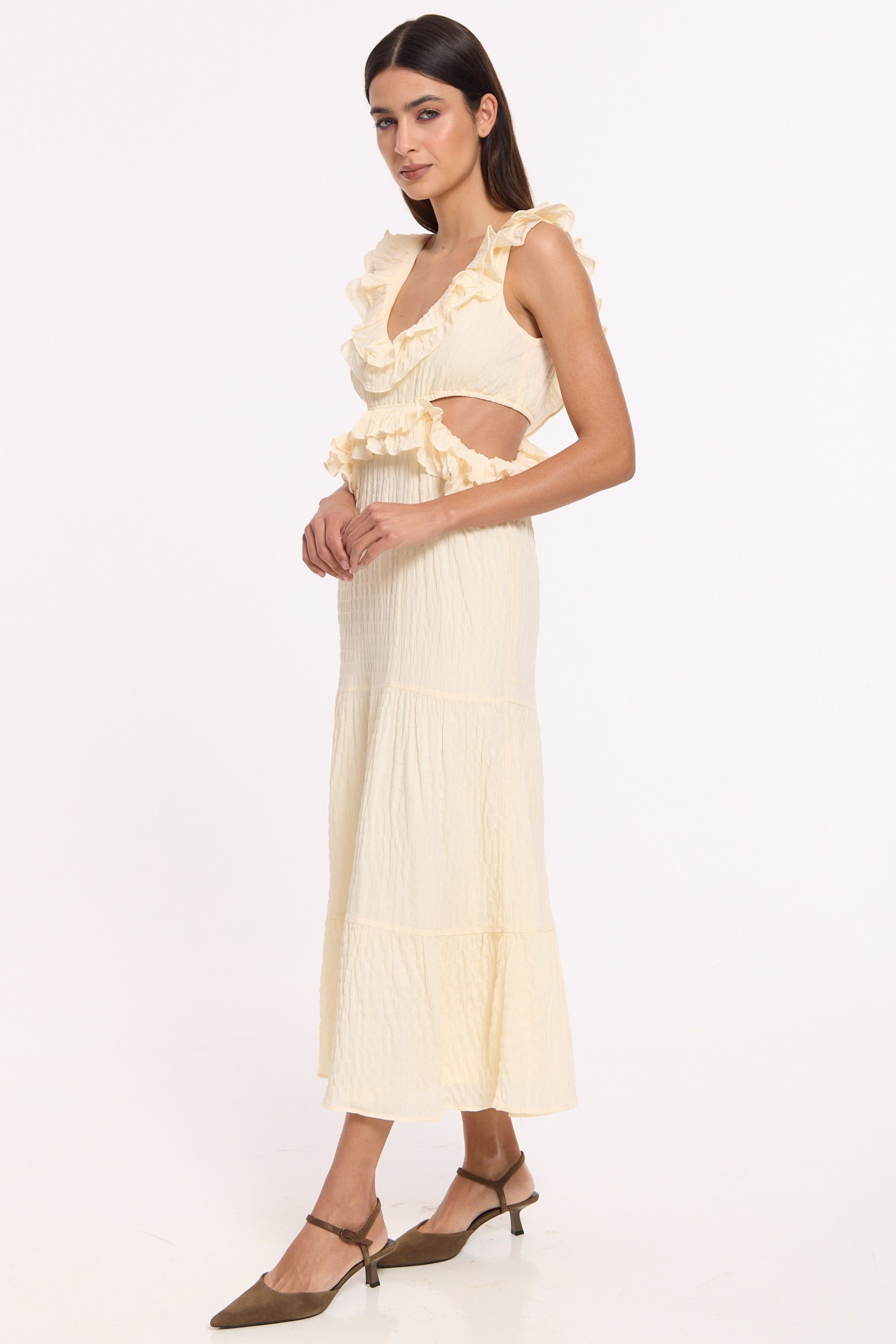 House of Holland Cream Ruffle Cut Out Midi Dress