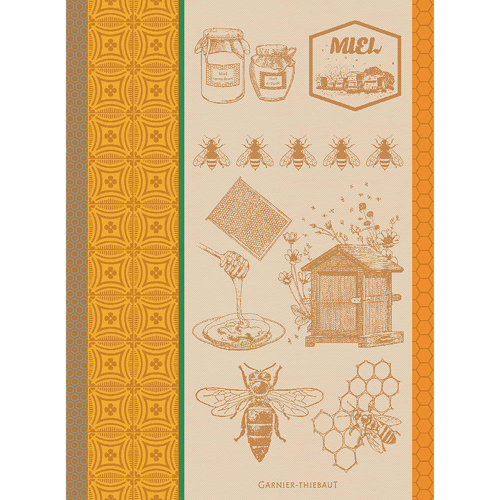 MIEL ET ABEILLES OCRE - Torchon  pur coton beige 56x77