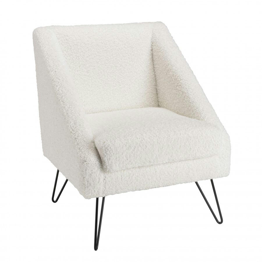 ALBANE - Fauteuil tissu bouclette blanc pieds épingles métal noir