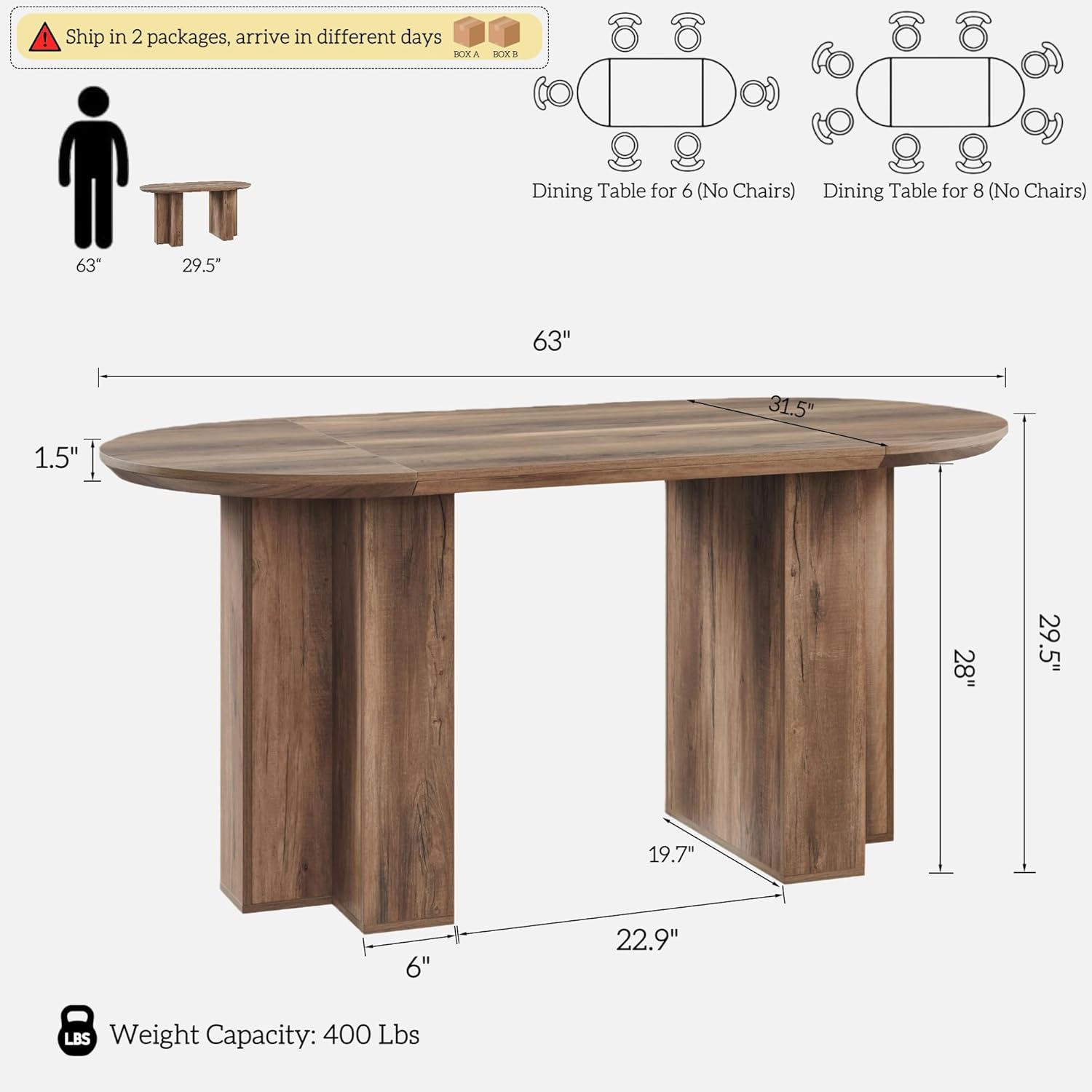 OKD 63 Inch Modern Wood Oval Dining Table for 4-6, Dining Room Table with Stable T-Shaped Base & Metal Frame & Thick Tabletop, Sturdy Kitchen Table for Dinner Room, Kitchen, Gathering, Rustic Oak