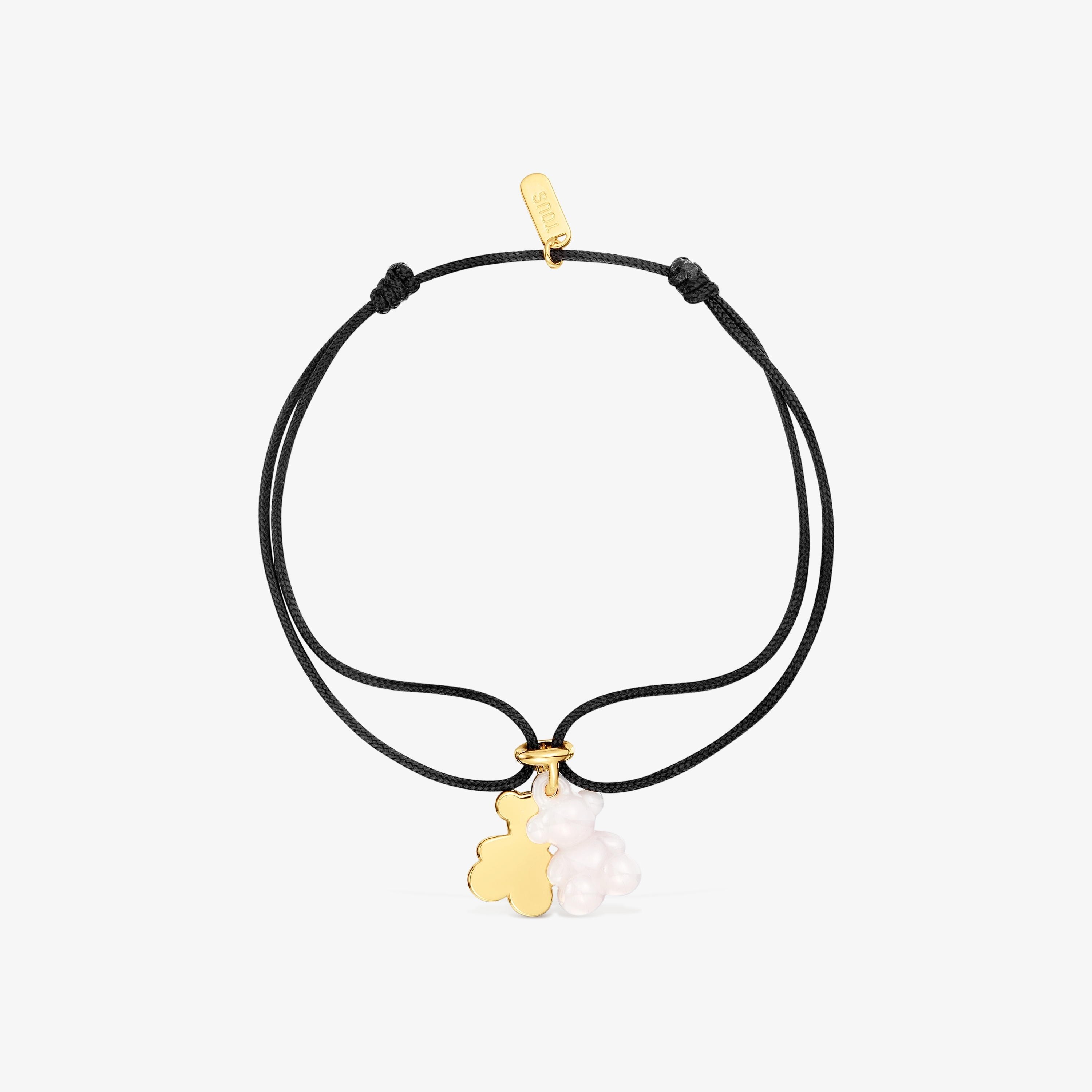 Pulsera doble oso con baño de oro 18 kt sobre plata, cerámica blanca y nylon negro Bold Bear