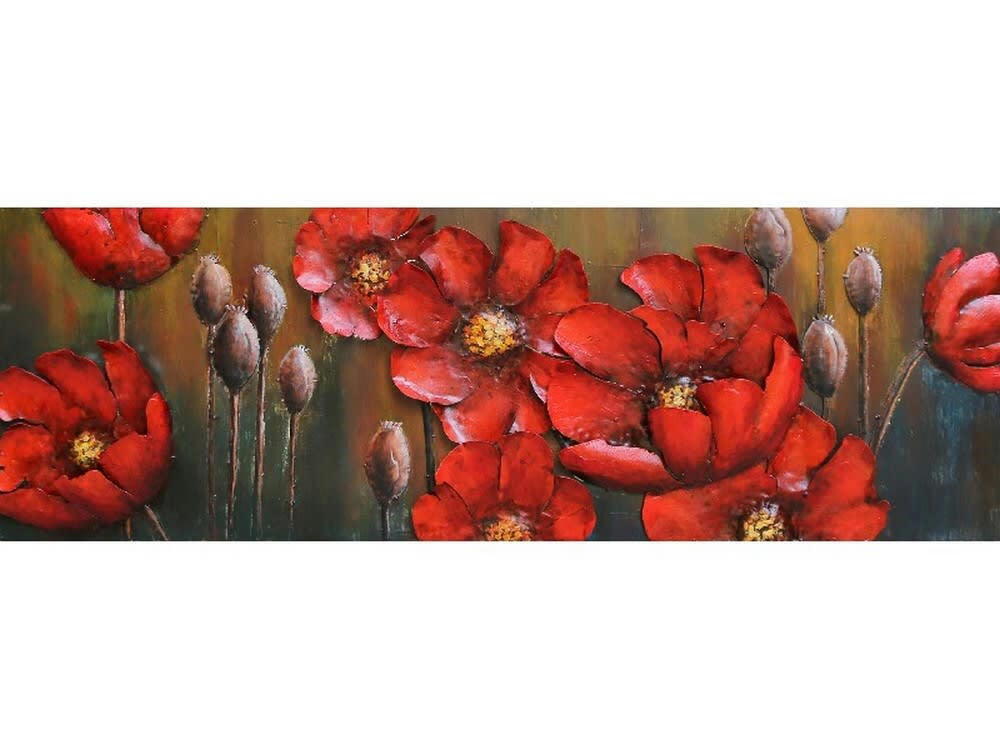MÉTAL BRASS - Tableau relief en métal fleurs rouges 150x50