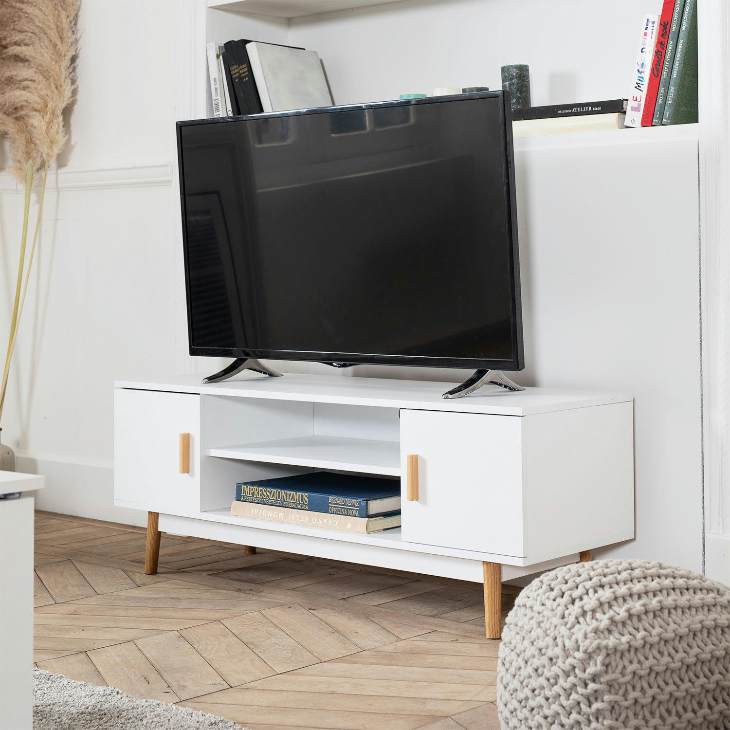 JOEY - Meuble TV style scandinave avec 2 portes blanc