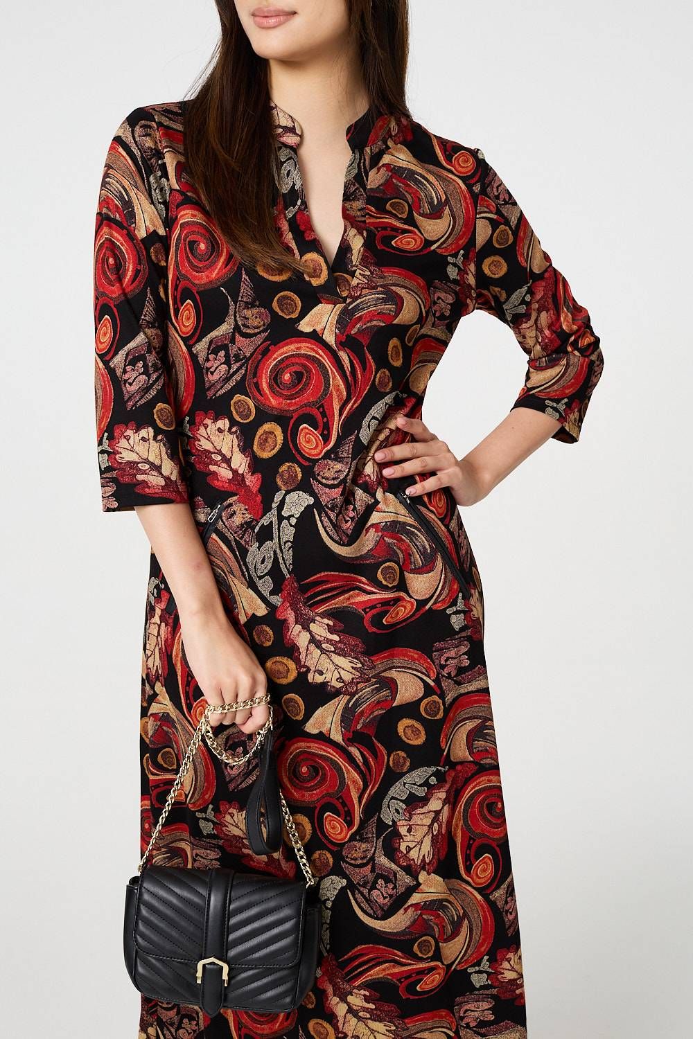 Izabel London Abstract 3/4 Sleeve Maxi Shift Dress