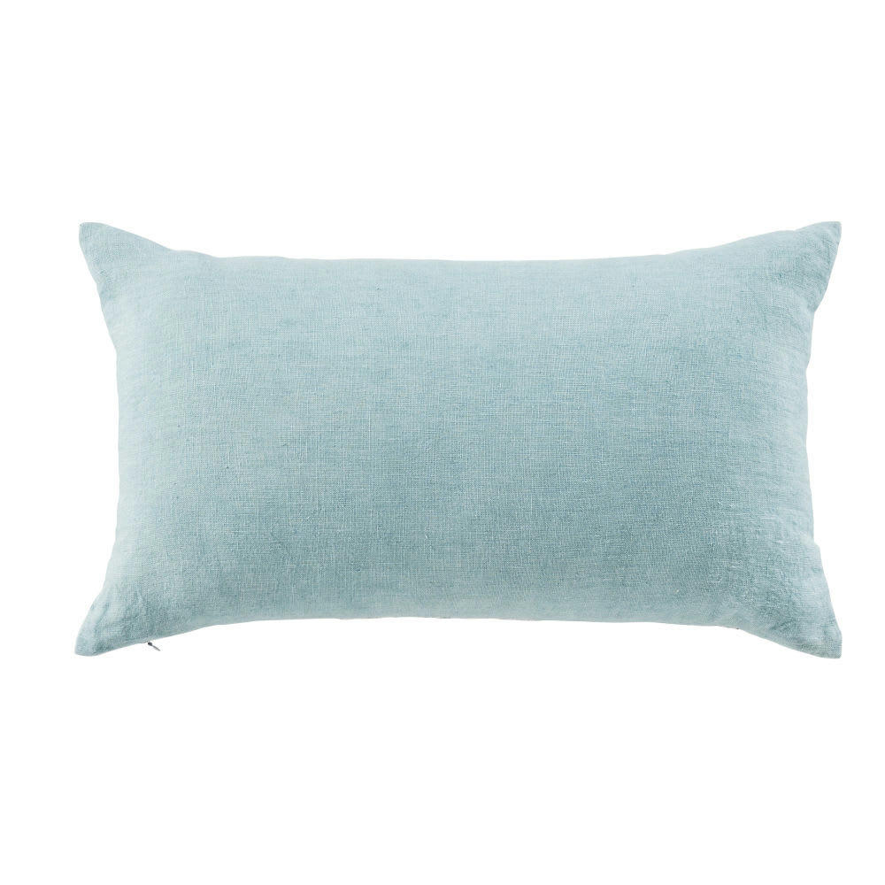 GASSIN - Coussin en lin imprimé bleu gris et motifs écrus 30x50