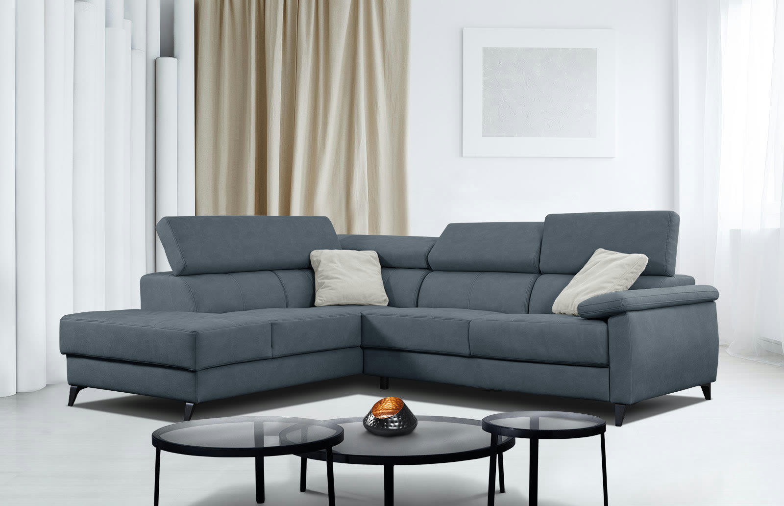 TAUNUS - Canapé d'angle gauche 5 places bleu