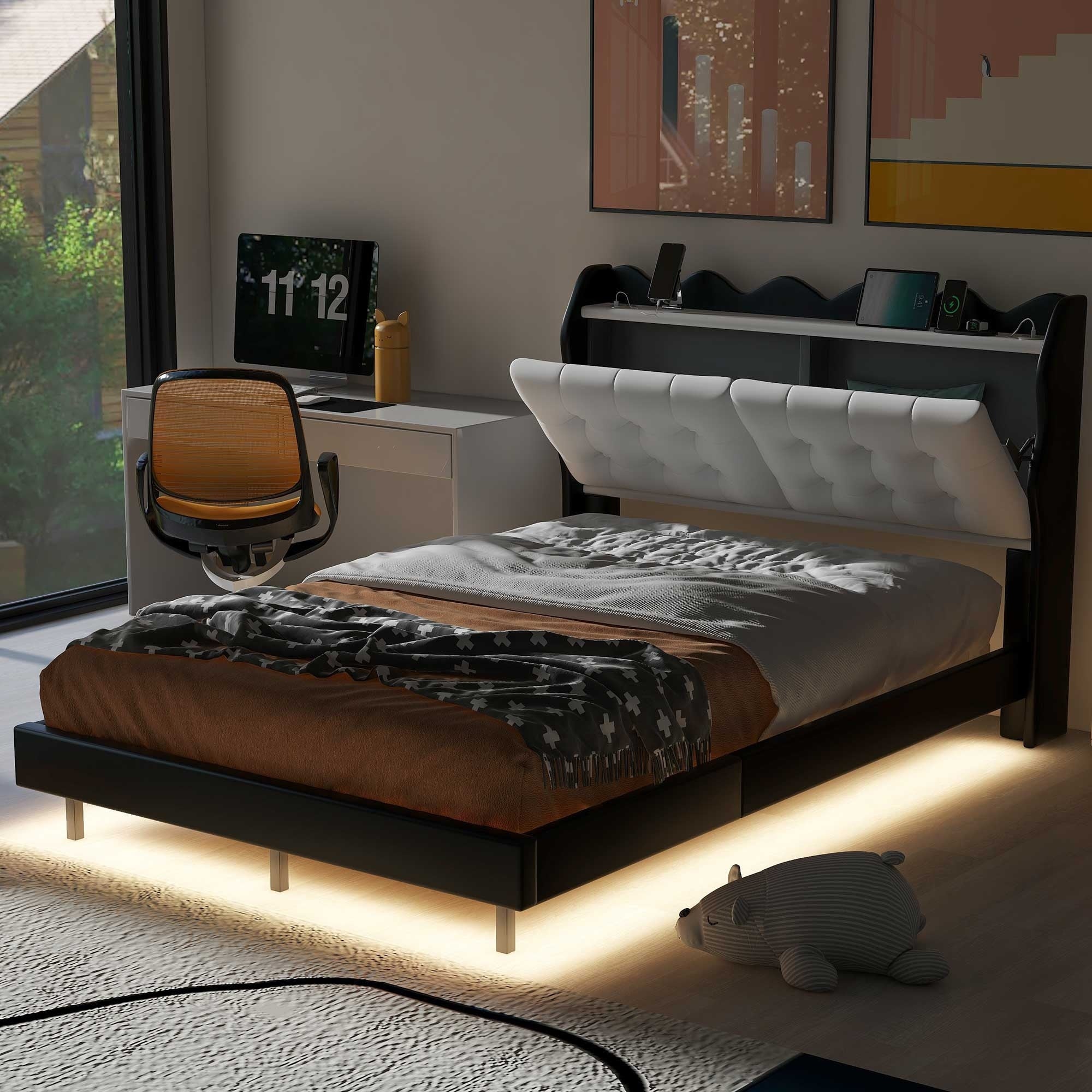 Full Upholstered Bed with LED Light Strips, USB Charging, and Storage Shelves