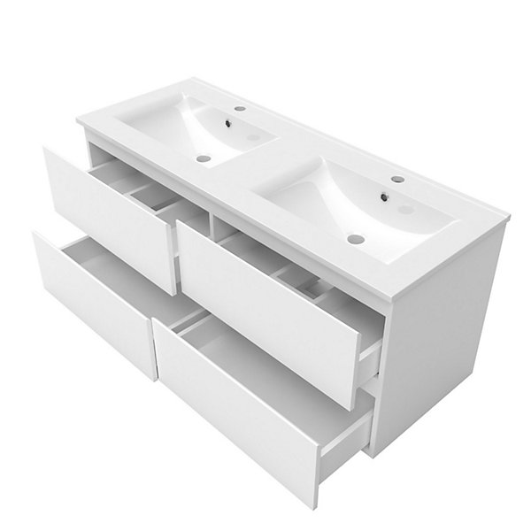Ensemble meuble 2 vasque L.120cm 4 tiroirs   lavabo   LED miroir   colonne,blanc,design