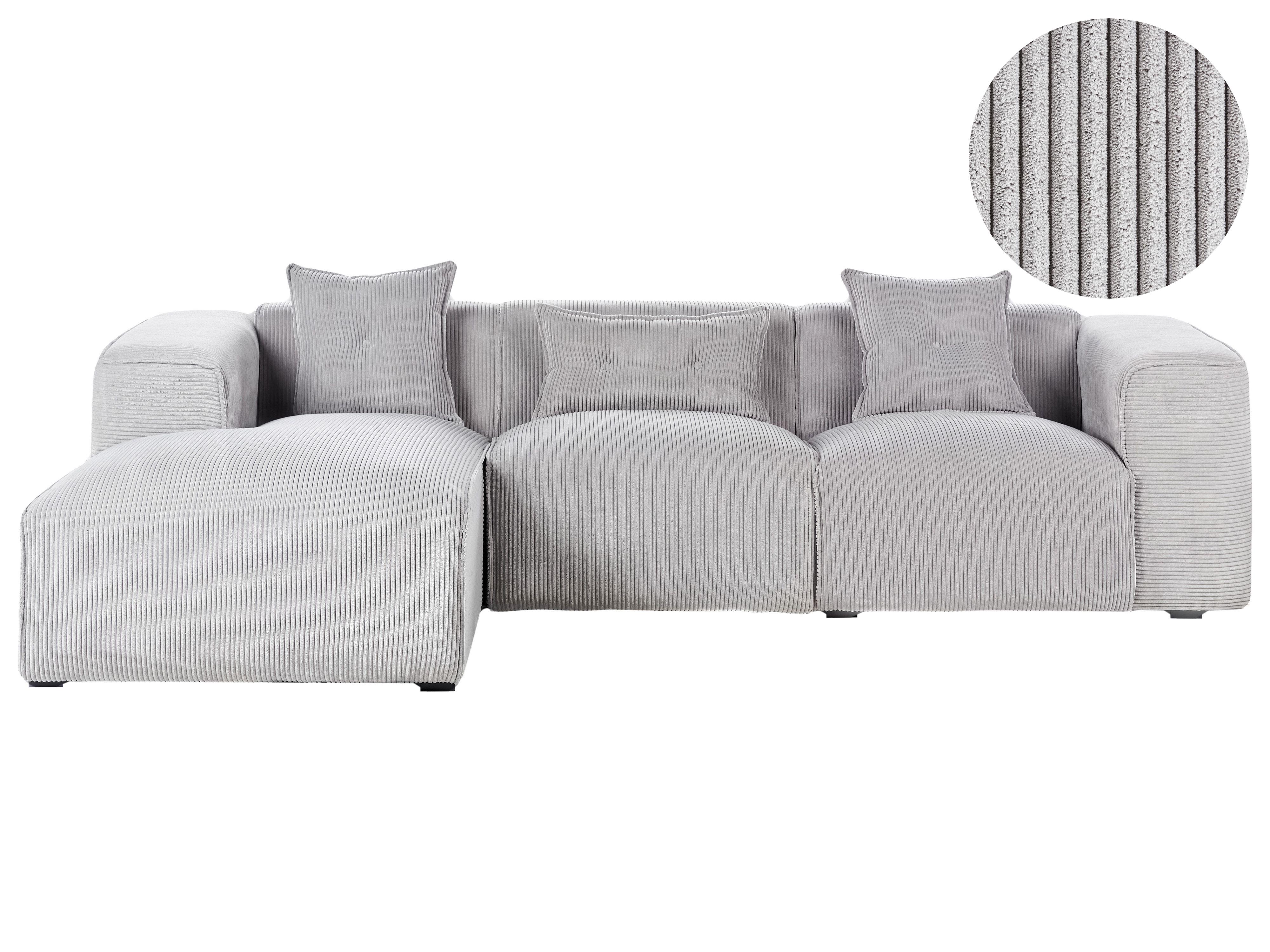 Corner Sofa 3 Seater DOLVA Corduroy Light Grey Right Hand